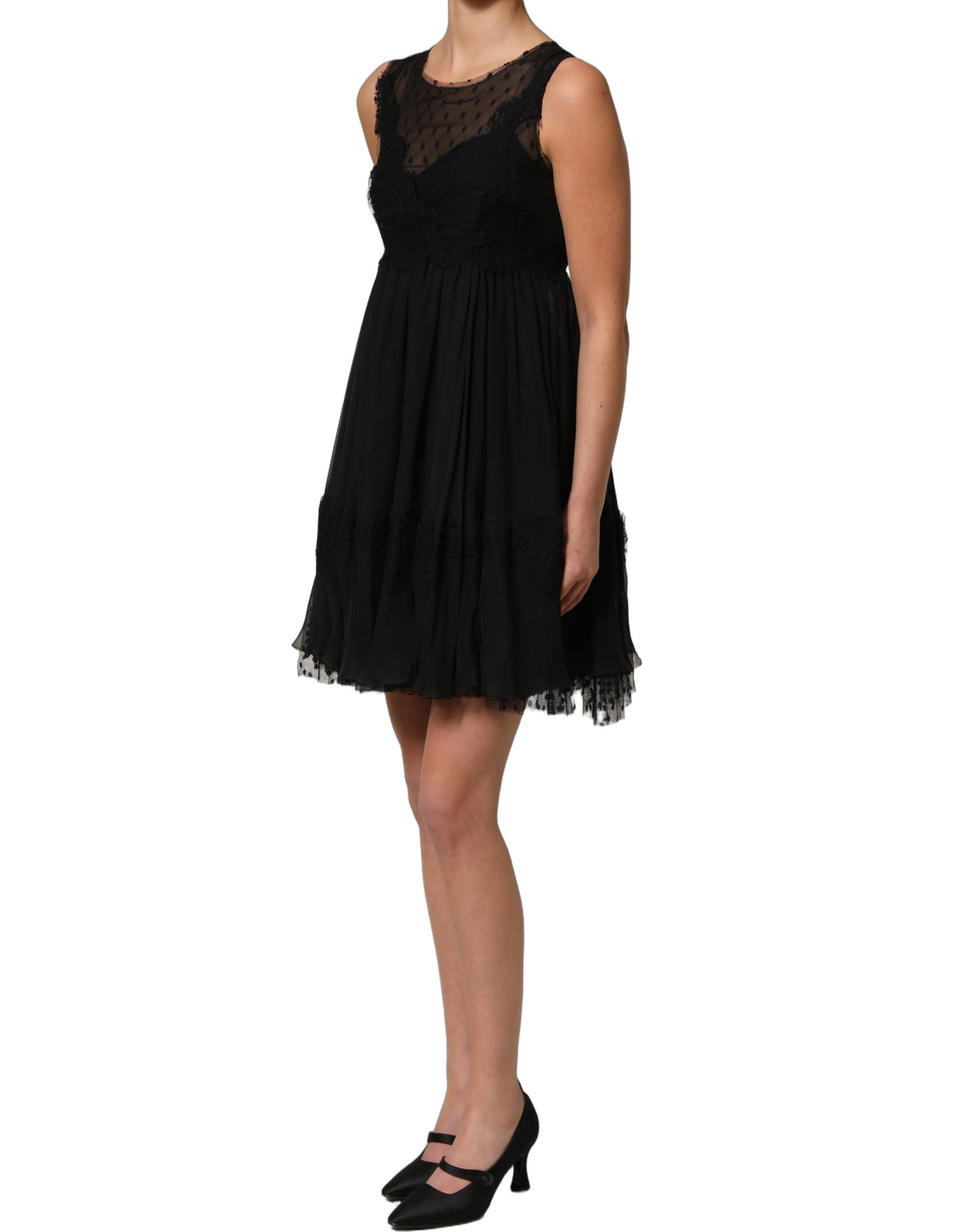Dolce & Gabbana Black Lace Trim Sleeveless A-line Mini Dress - Image 4