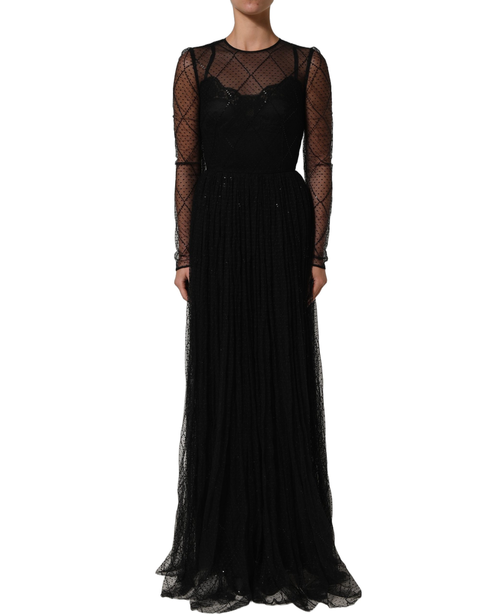 Dolce & Gabbana Black Mesh Lace Long Sleeved Maxi Gown Dress - Image 2