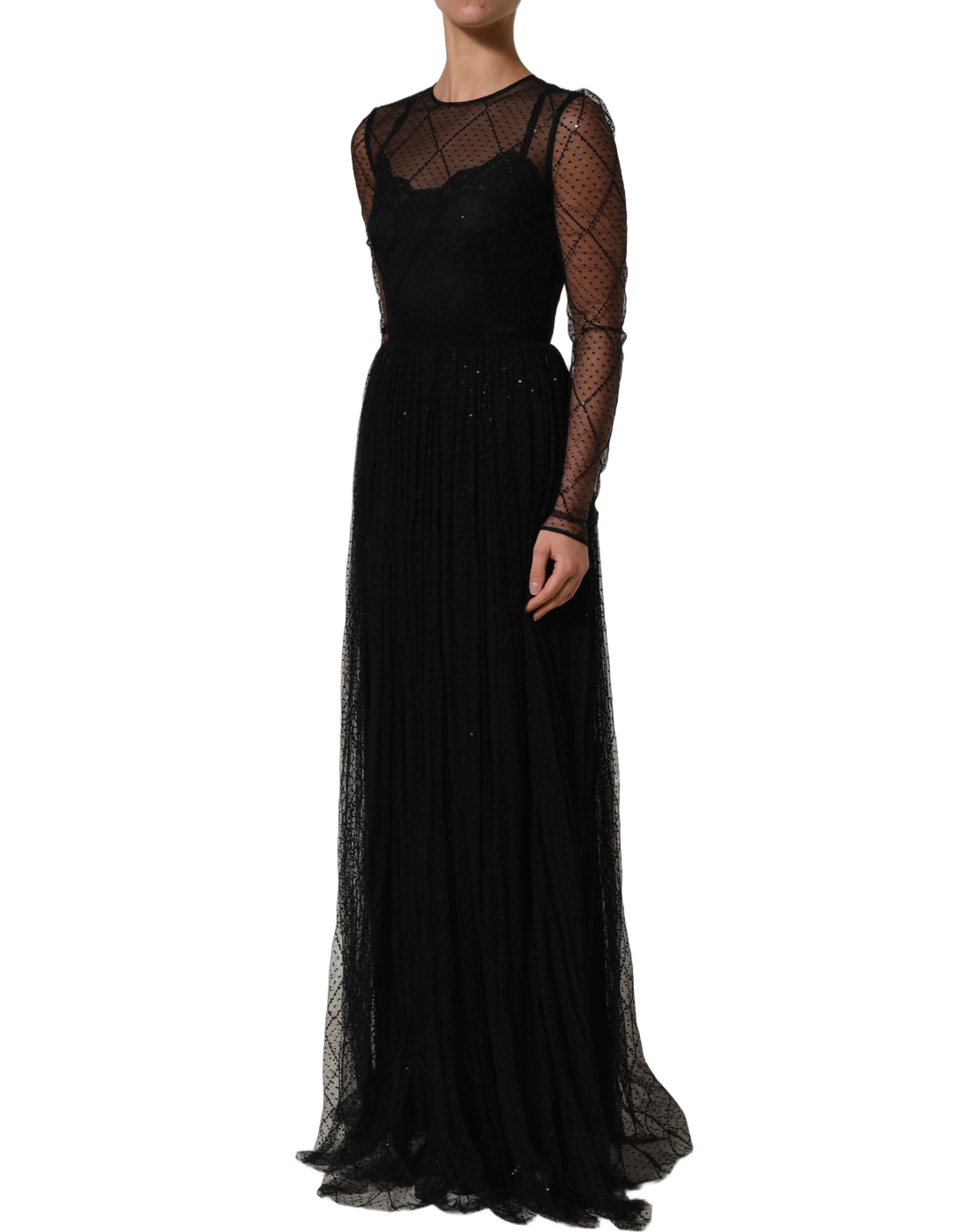 Dolce & Gabbana Black Mesh Lace Long Sleeved Maxi Gown Dress - Image 4