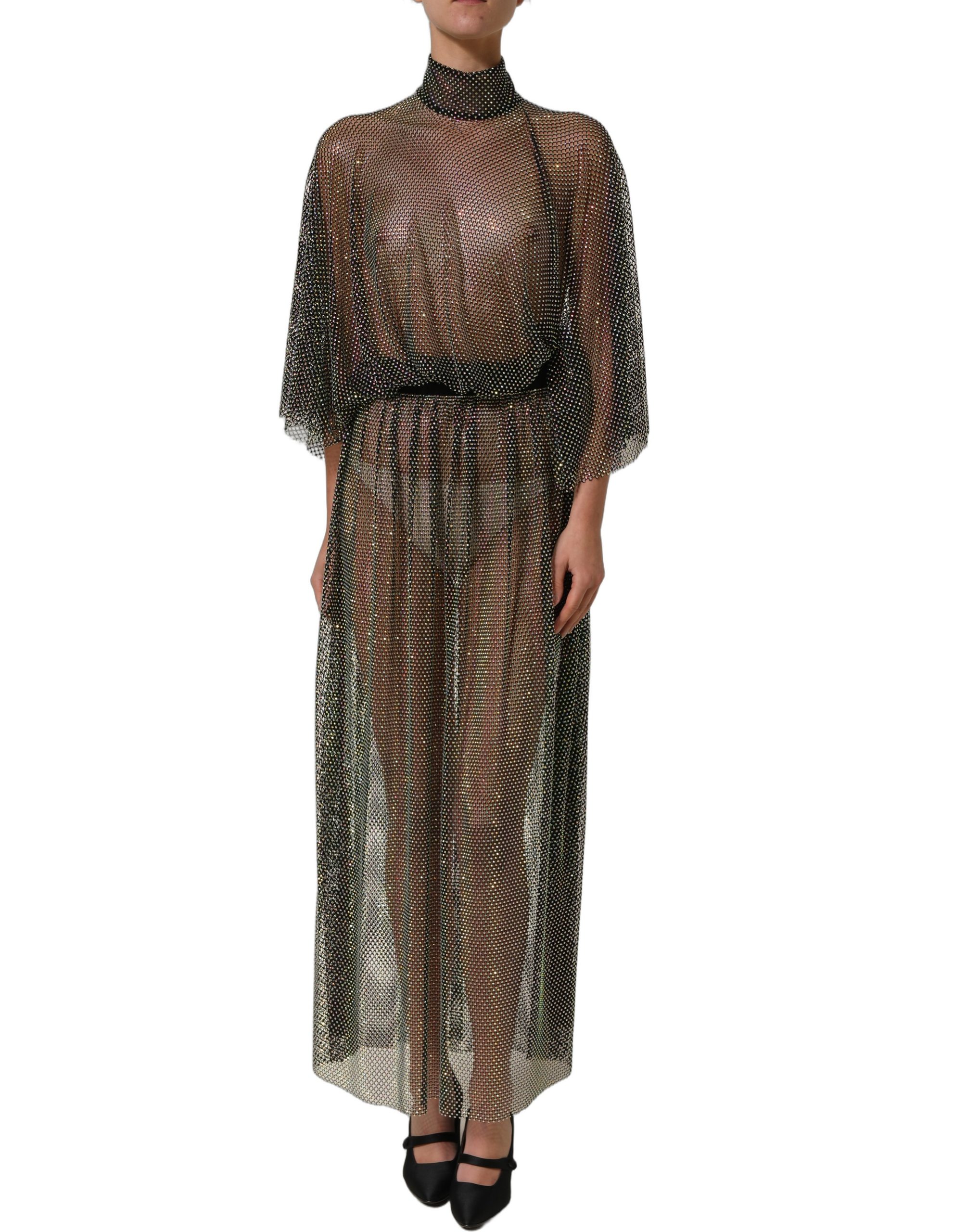 Dolce & Gabbana Black Rhinestone Mesh Turtleneck Maxi Dress