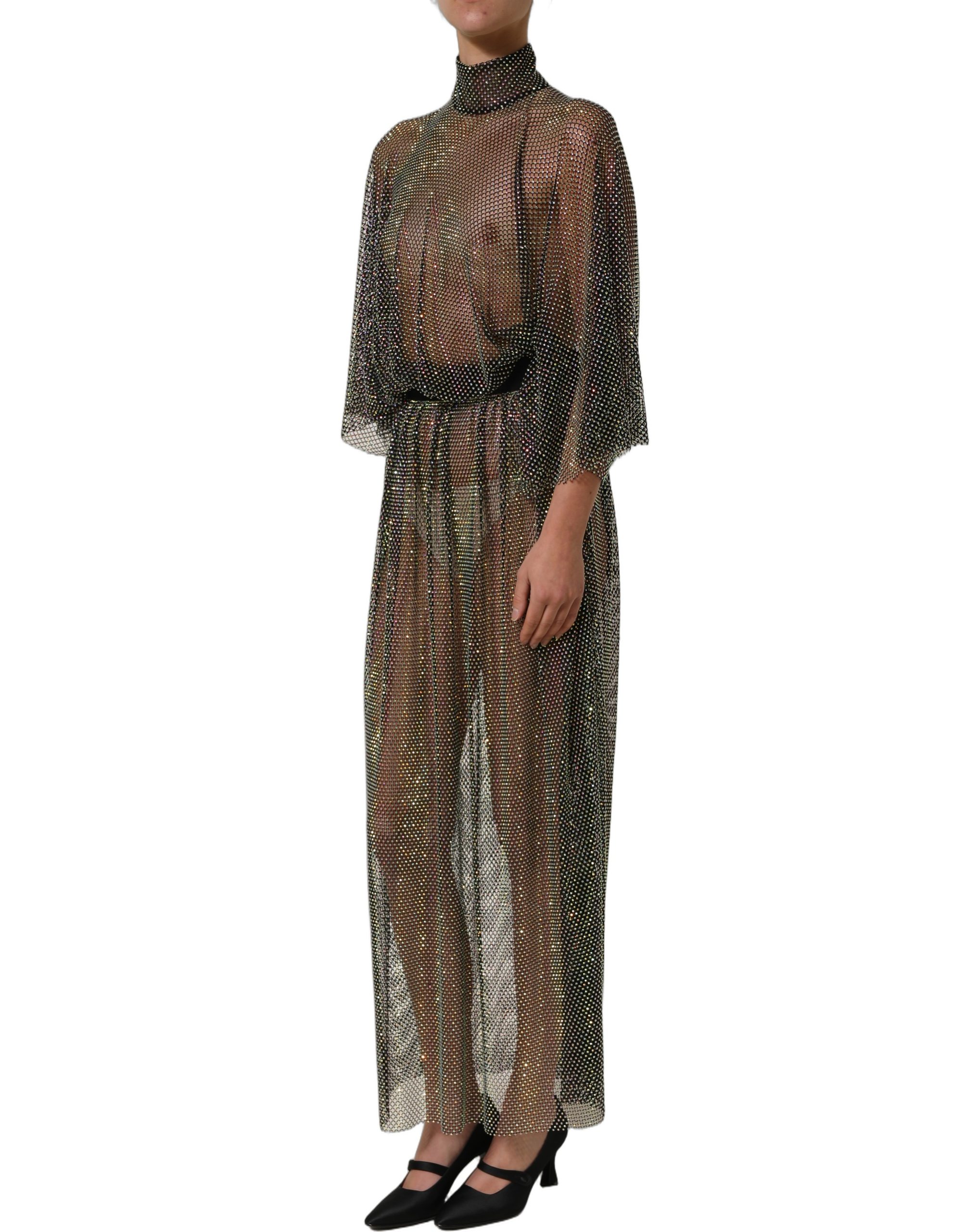 Dolce & Gabbana Black Rhinestone Mesh Turtleneck Maxi Dress - Image 3