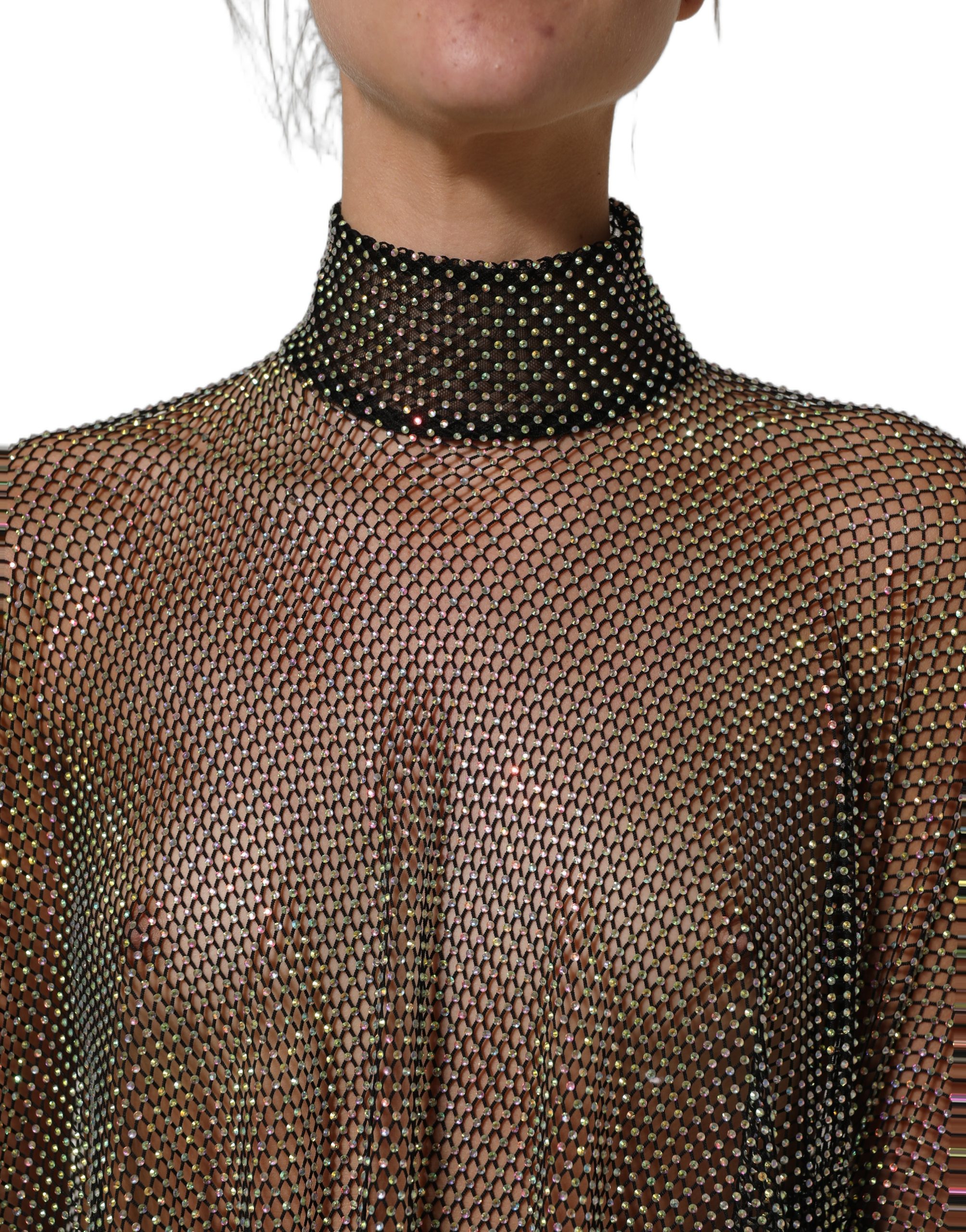 Dolce & Gabbana Black Rhinestone Mesh Turtleneck Maxi Dress - Image 5