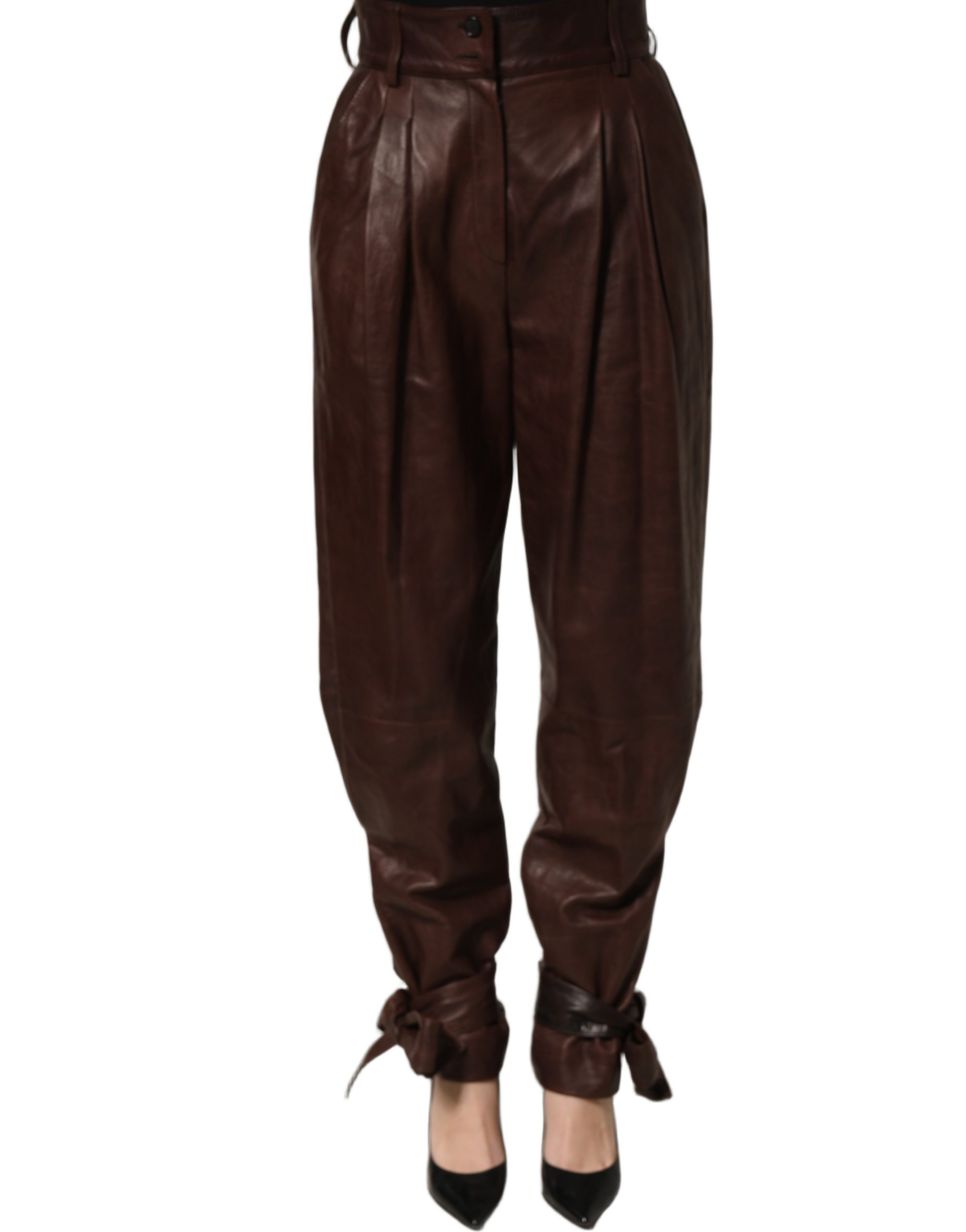 Dolce & Gabbana Brown Leather High Waist Tapered Leg Pants - Image 2