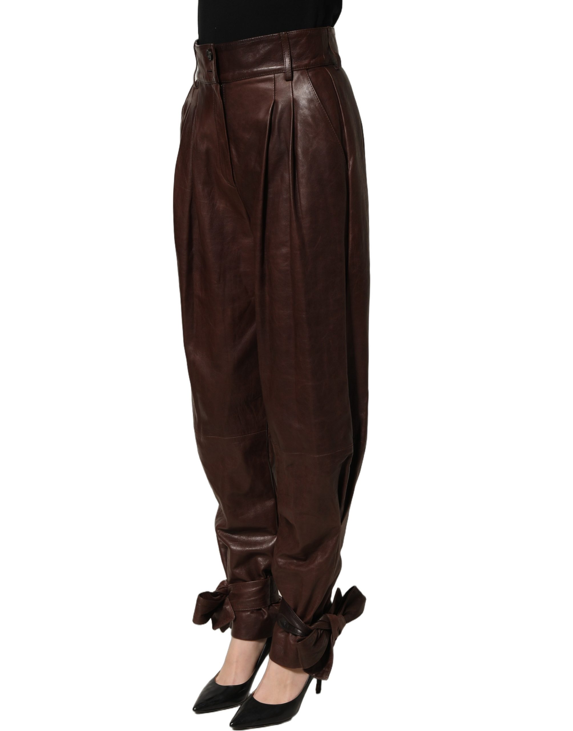 Dolce & Gabbana Brown Leather High Waist Tapered Leg Pants - Image 4