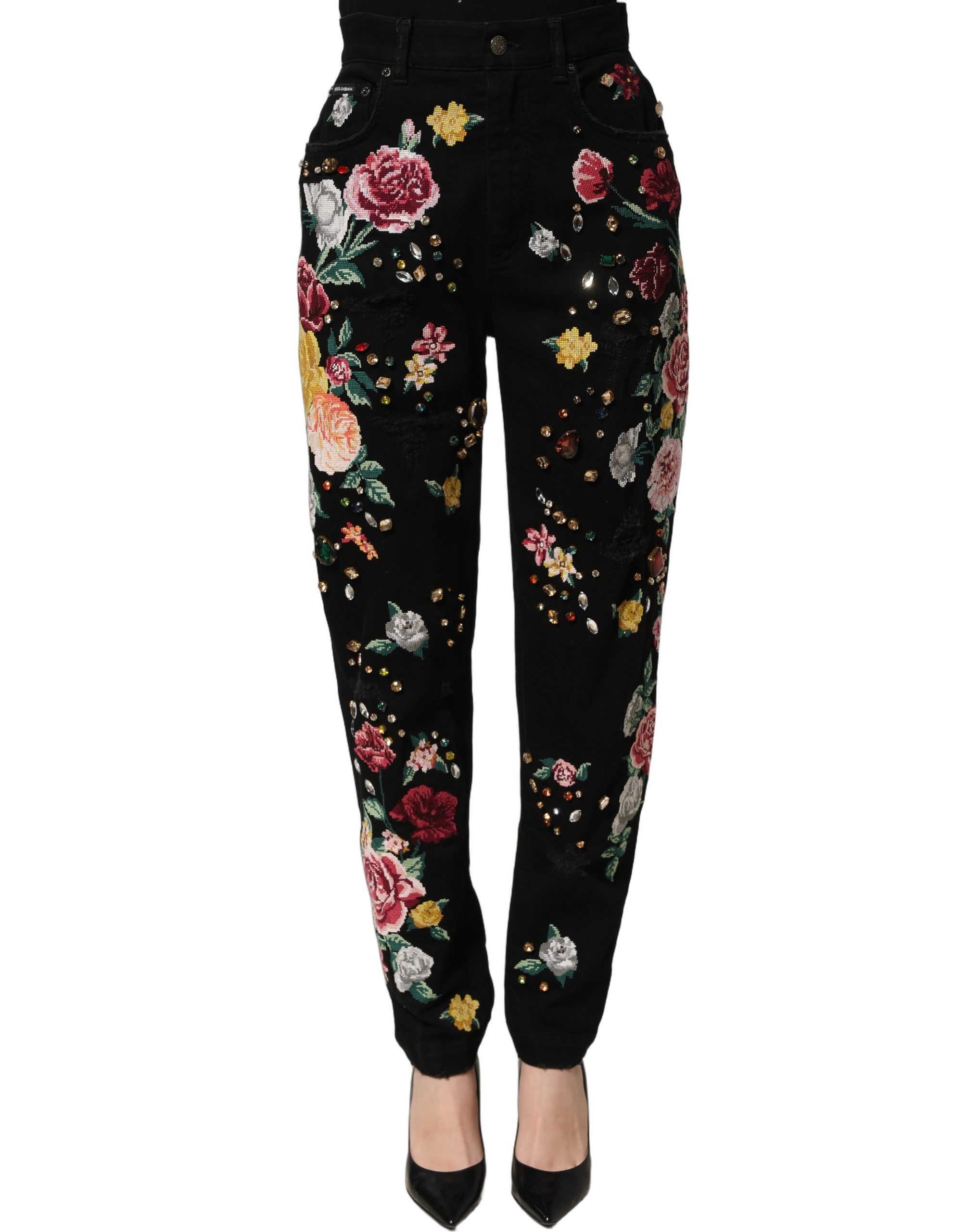 Dolce & Gabbana Black Floral Cotton High Waist Tapered Pants - Image 4