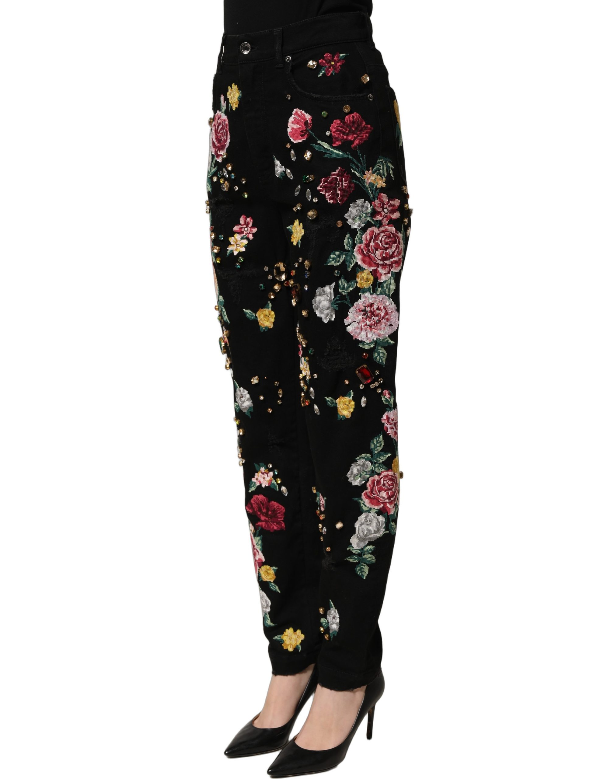 Dolce & Gabbana Black Floral Cotton High Waist Tapered Pants - Image 6