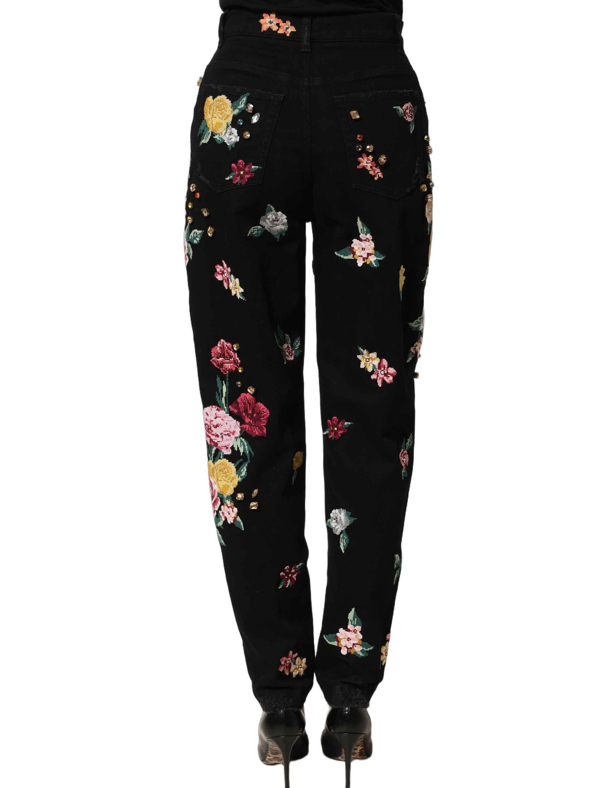 Dolce & Gabbana Black Floral Cotton High Waist Tapered Pants - Image 7