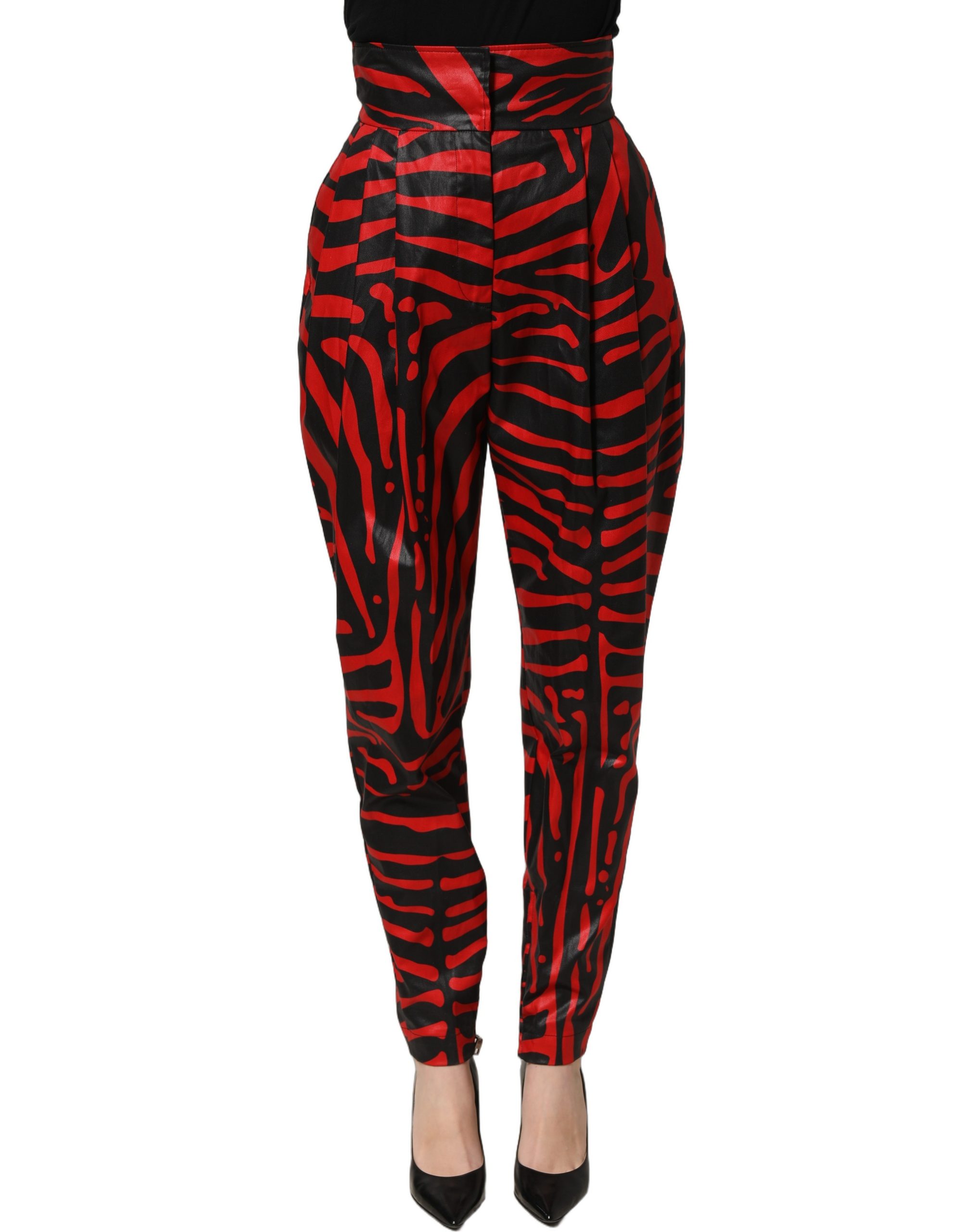 Dolce & Gabbana Red Black Zebra Print Cotton HighWaist Pants - Image 2