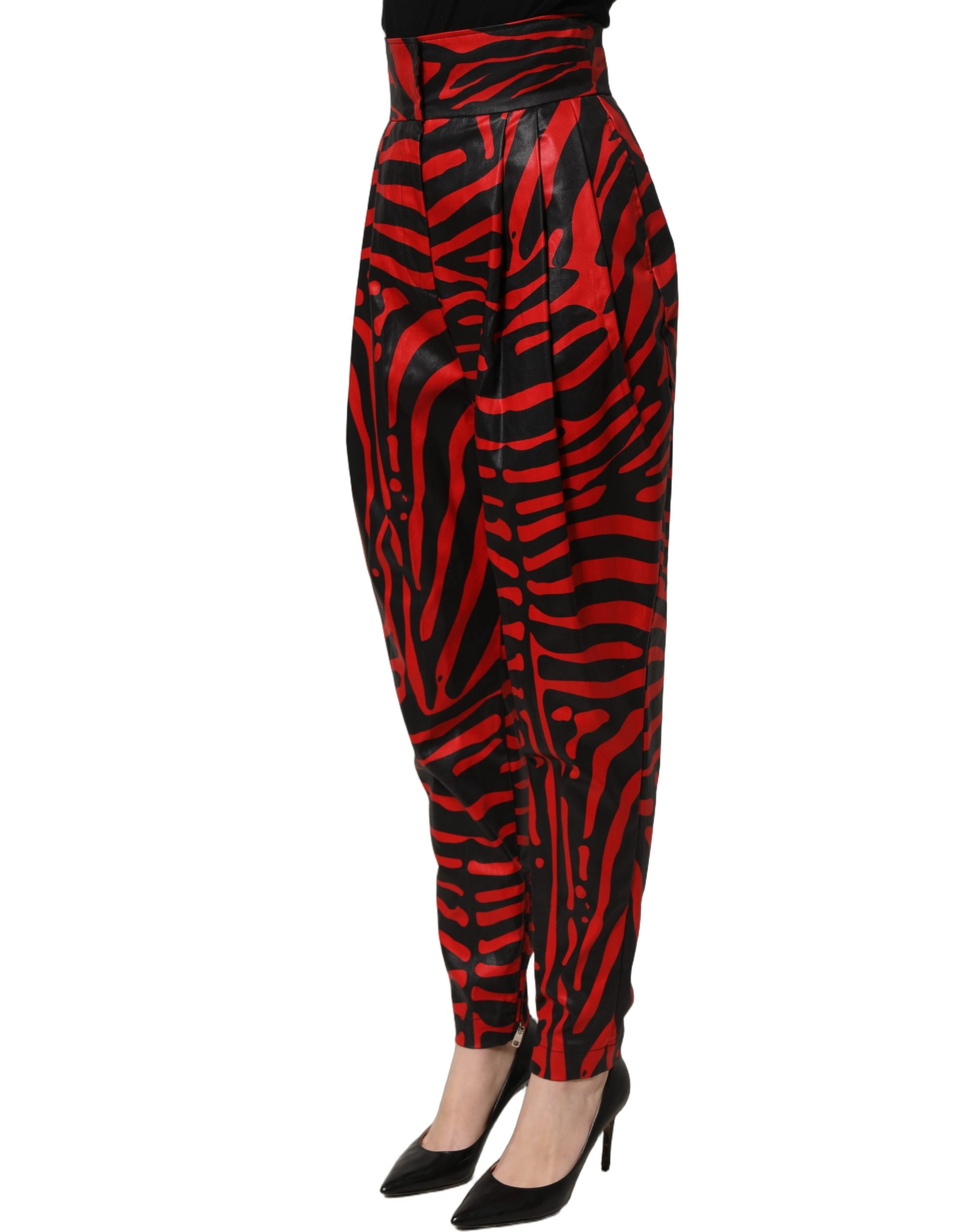 Dolce & Gabbana Red Black Zebra Print Cotton HighWaist Pants - Image 4