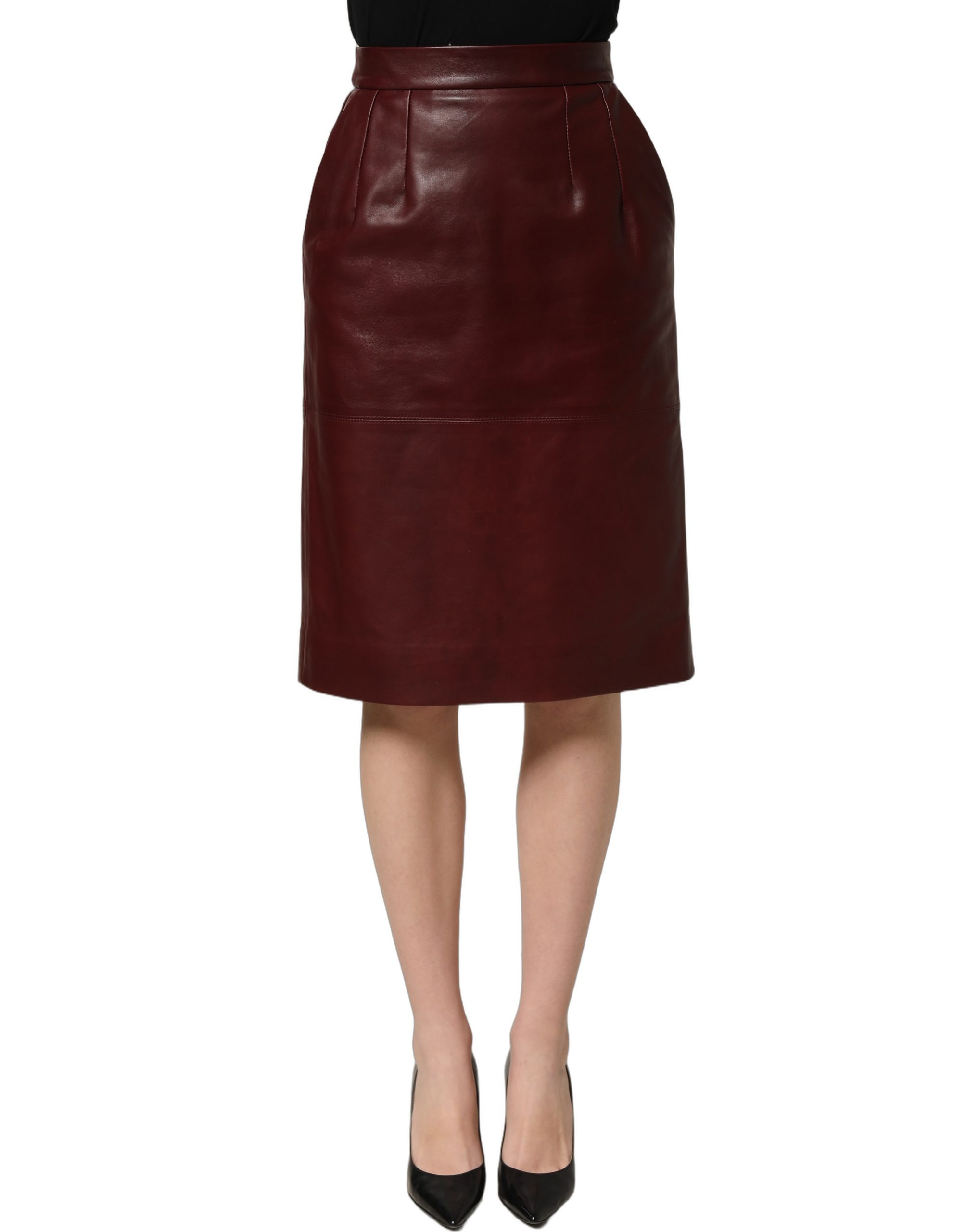Dolce & Gabbana Burgundy Leather High Waist Pencil Midi Skirt - Image 2