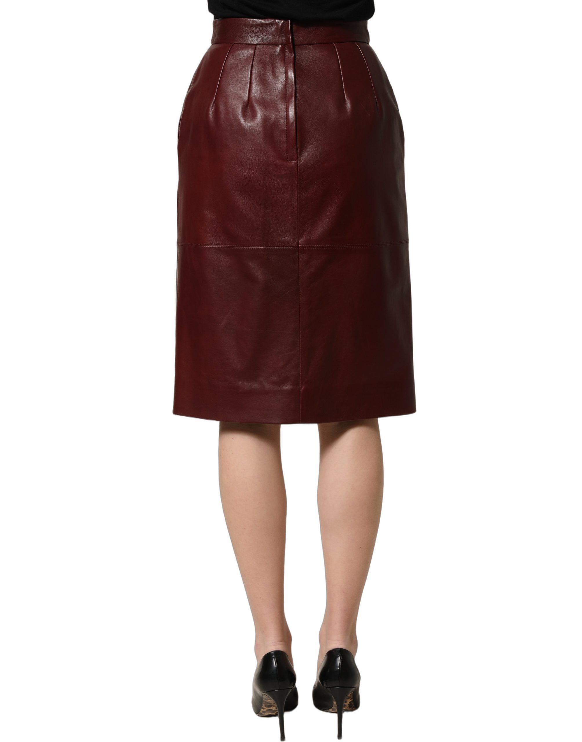 Dolce & Gabbana Burgundy Leather High Waist Pencil Midi Skirt - Image 4
