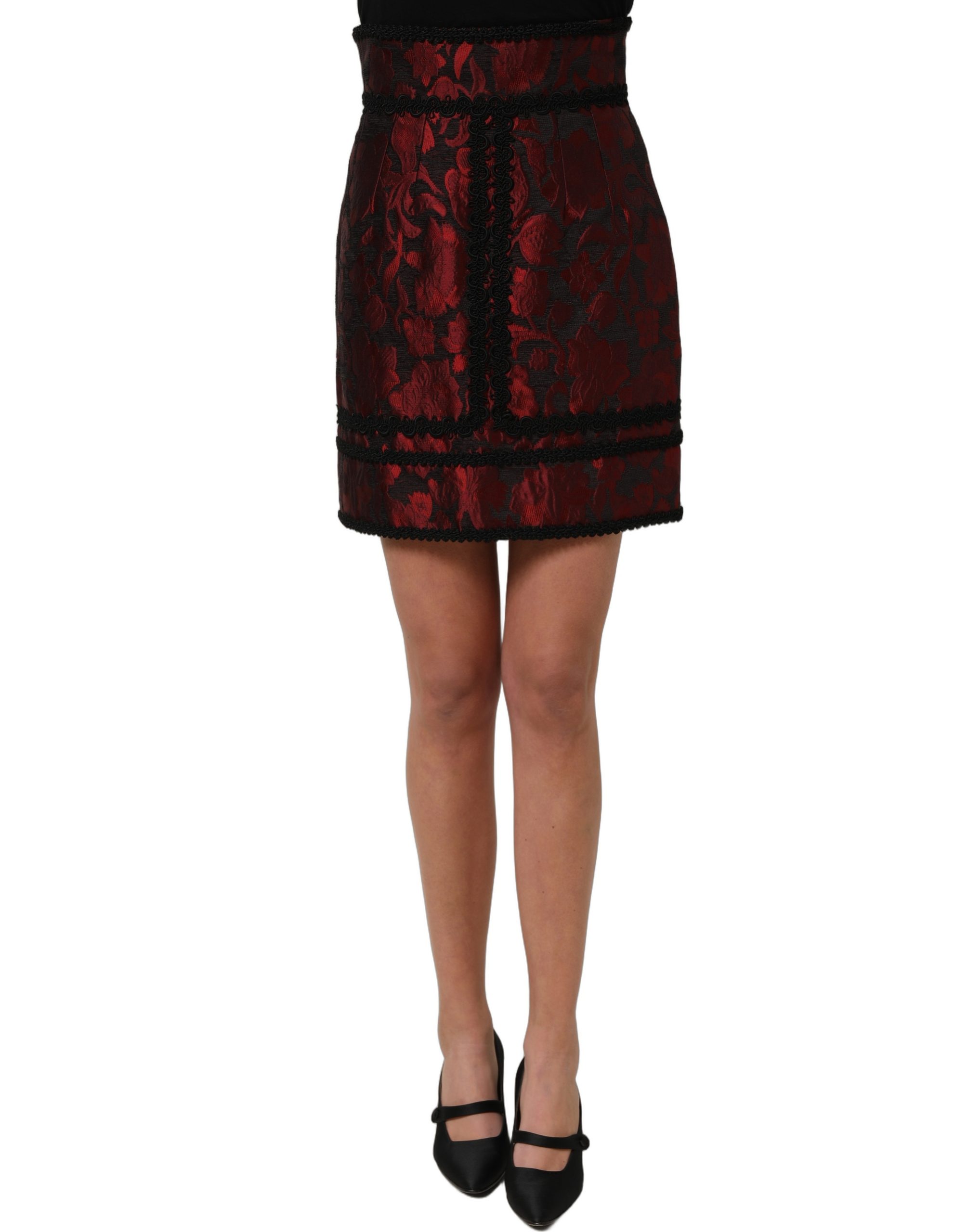 Dolce & Gabbana Red Black Floral Lace Jacquard Mini Skirt - Image 3