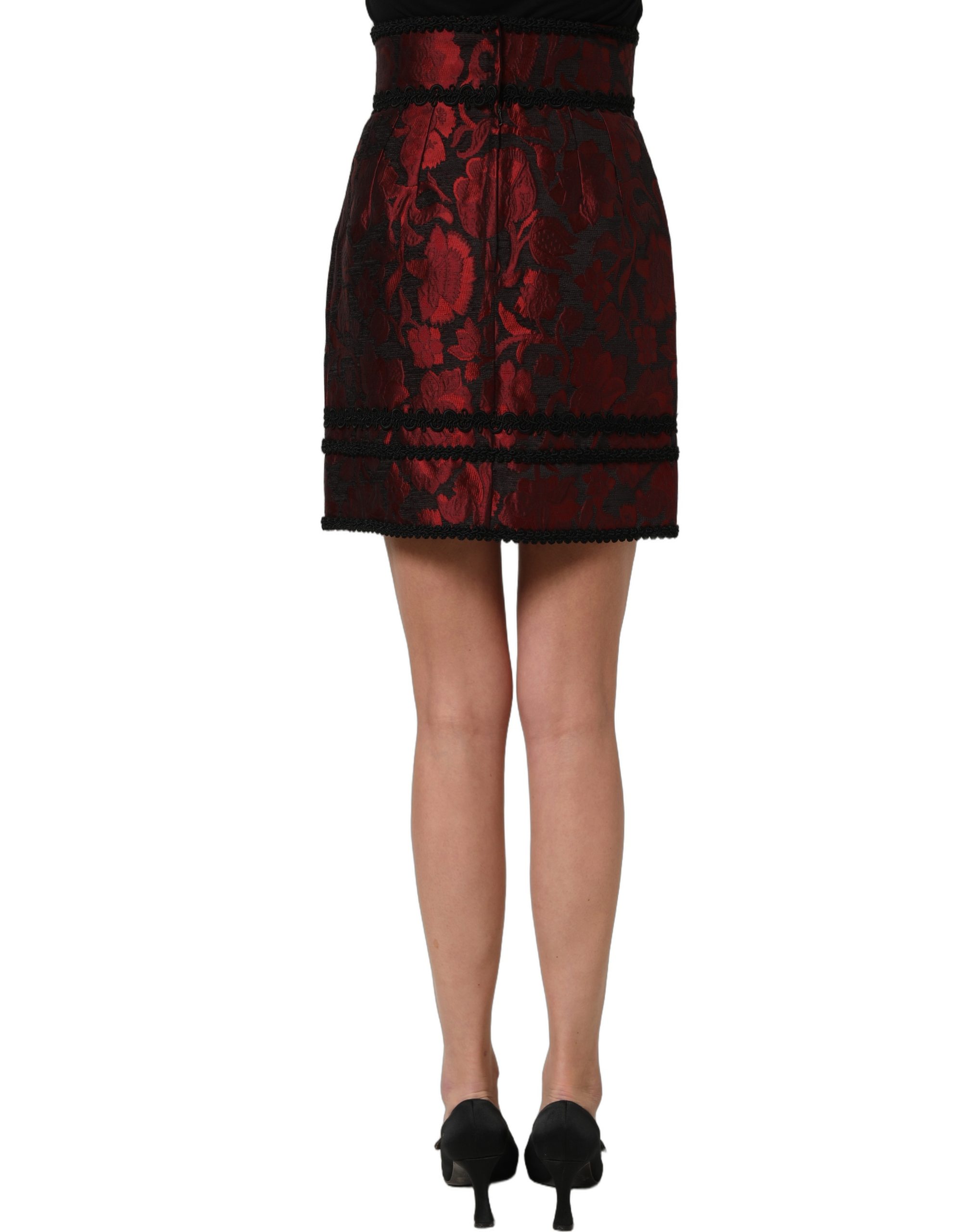 Dolce & Gabbana Red Black Floral Lace Jacquard Mini Skirt - Image 5