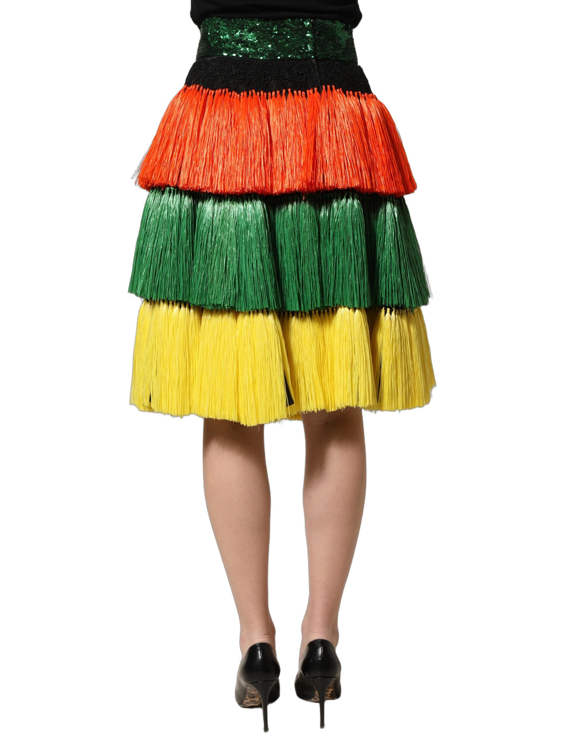 Dolce & Gabbana Multicolor Fringe Sequin High Waist Knee Length Skirt - Image 2
