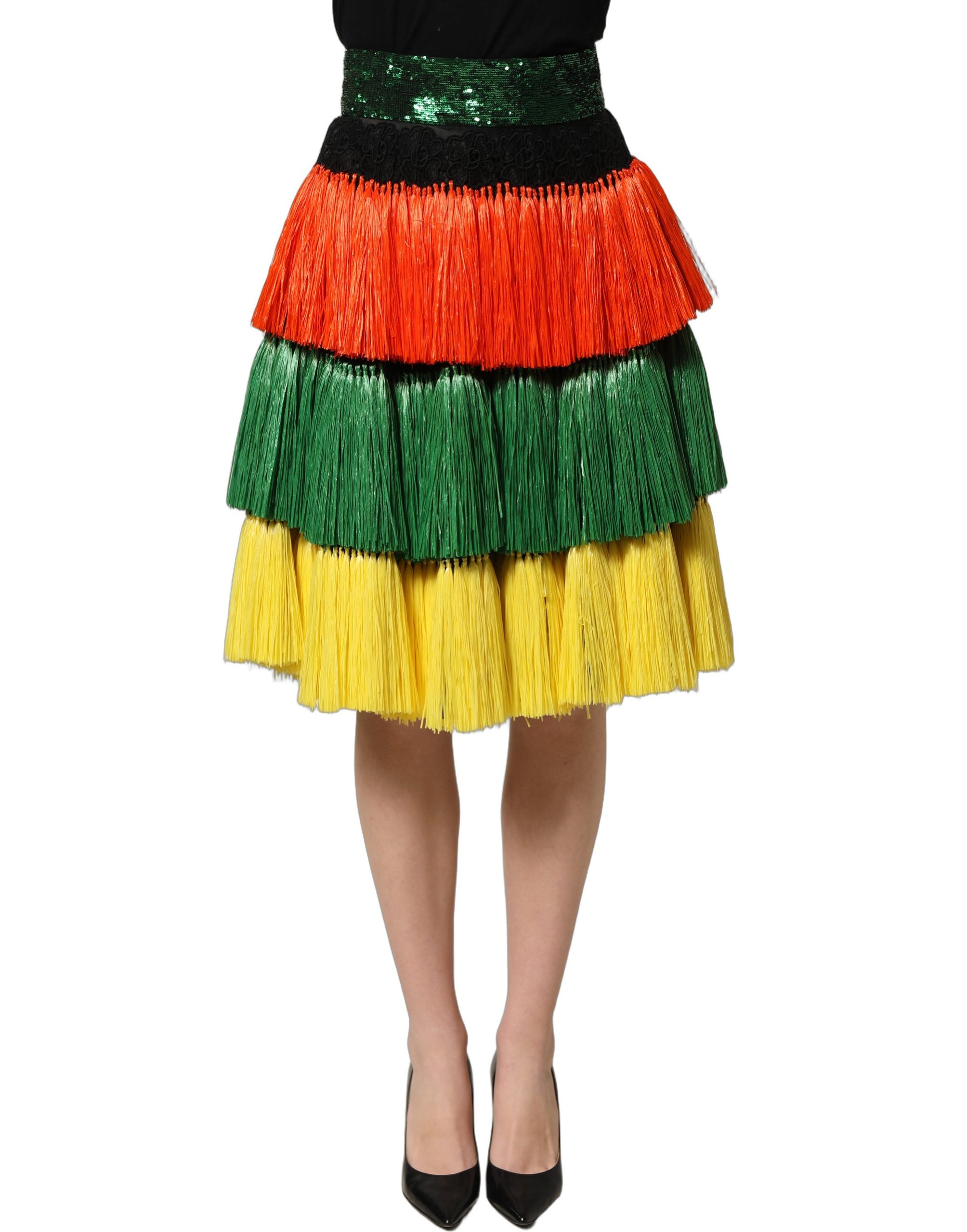 Dolce & Gabbana Multicolor Fringe Sequin High Waist Knee Length Skirt - Image 5