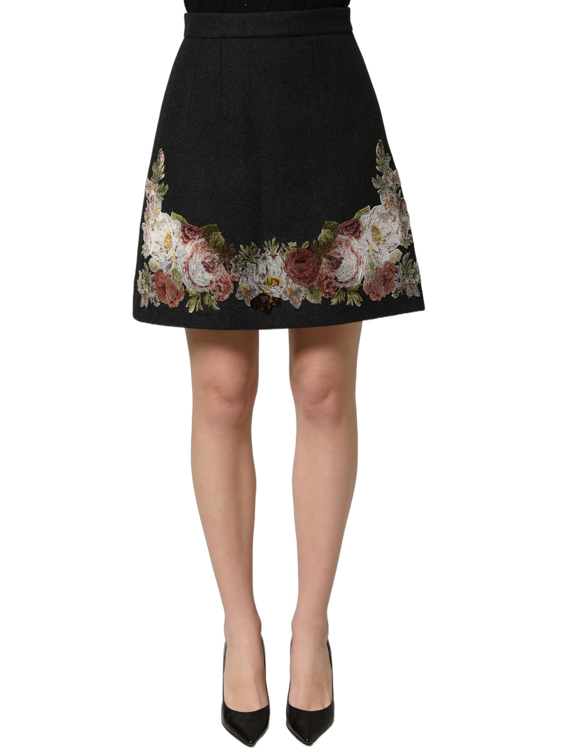 Dolce & Gabbana Black Floral Macramé High Waist A-line Skirt - Image 3
