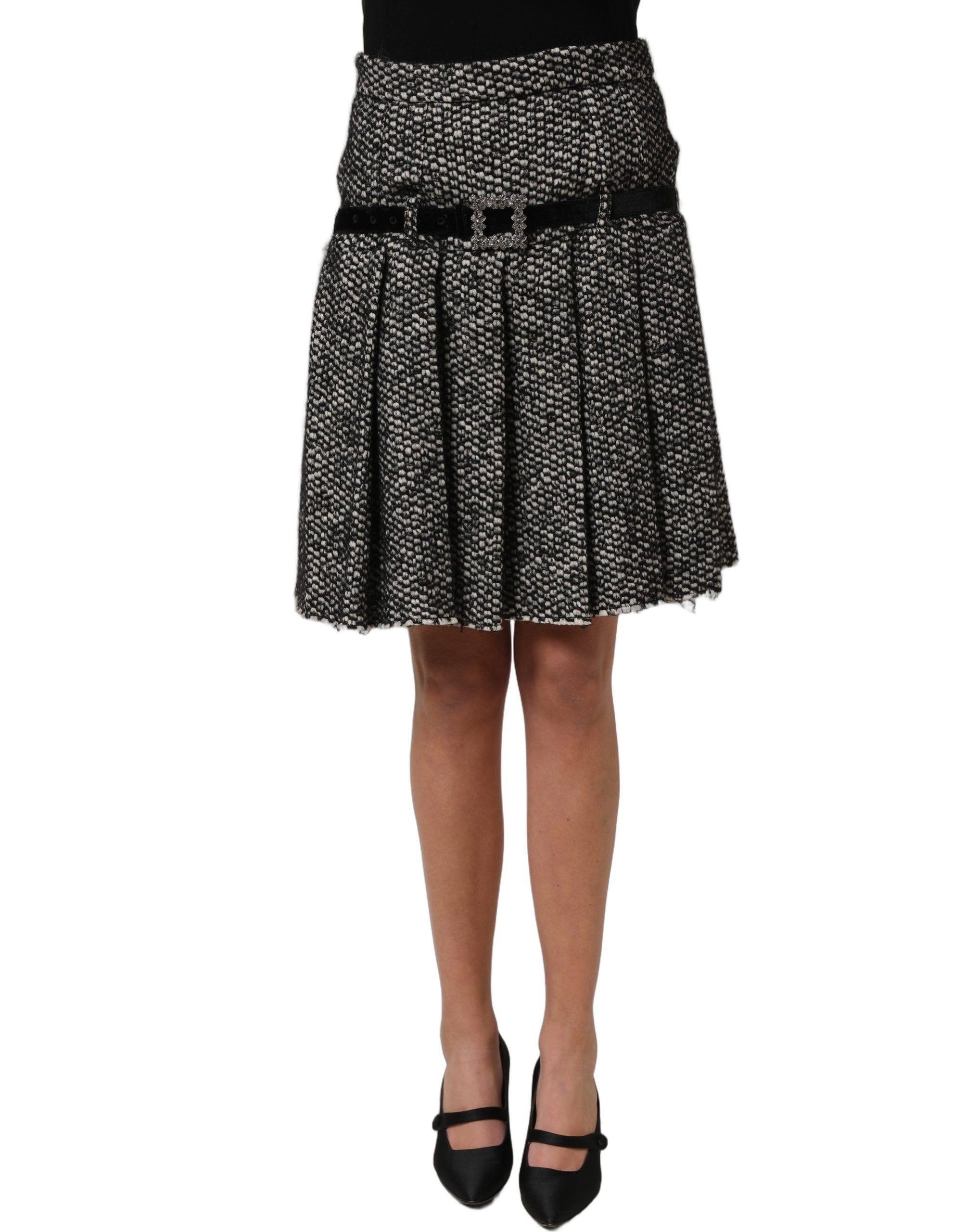 Dolce & Gabbana Black White Tweed High Waist Pleated Skirt - Image 2