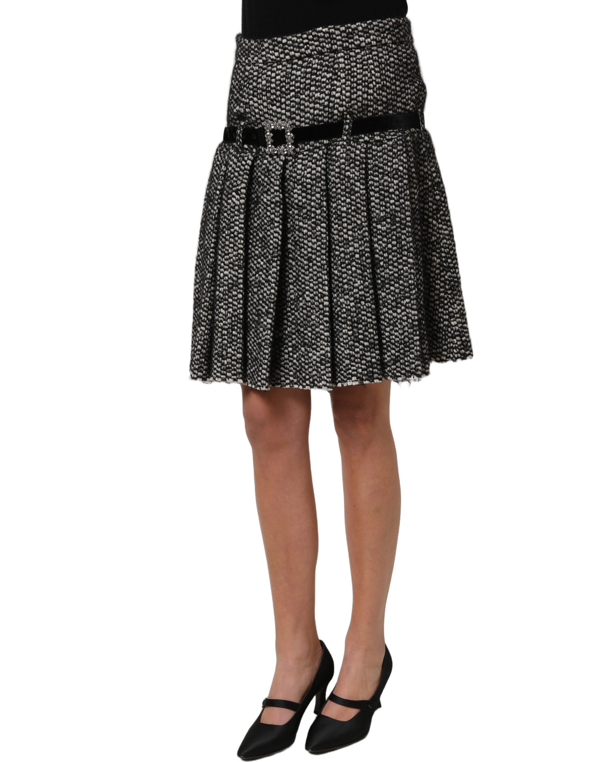 Dolce & Gabbana Black White Tweed High Waist Pleated Skirt - Image 4