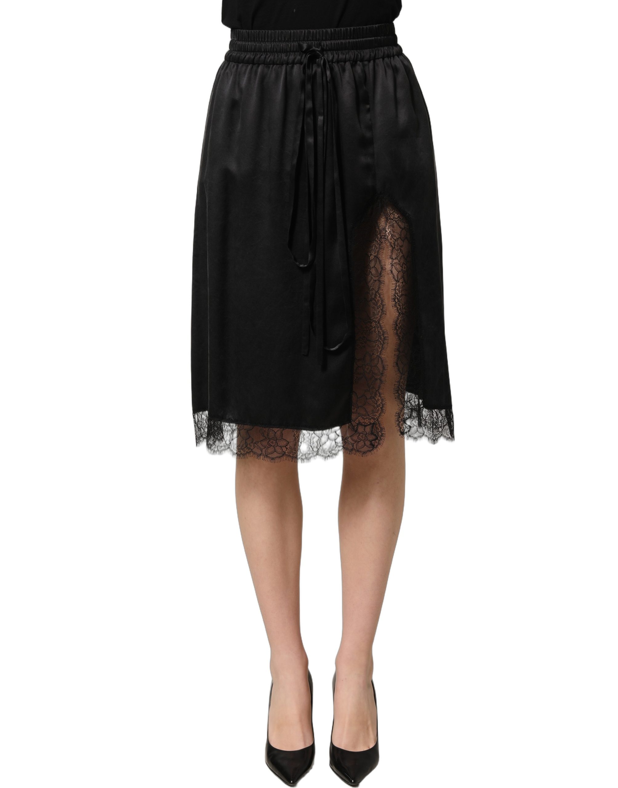 Dolce & Gabbana Black Lace Trimmed Satin Side Slit Skirt - Image 3