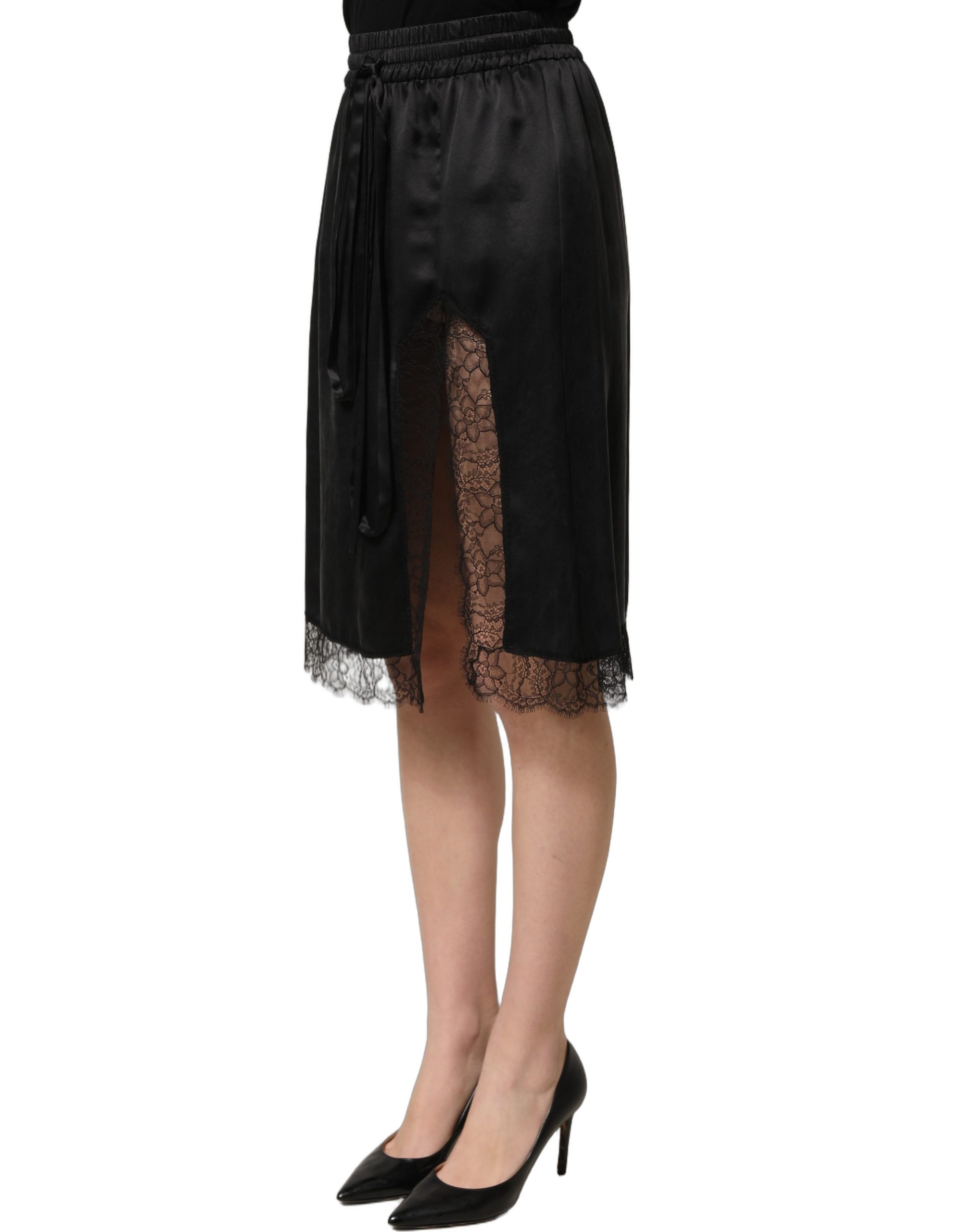 Dolce & Gabbana Black Lace Trimmed Satin Side Slit Skirt - Image 4