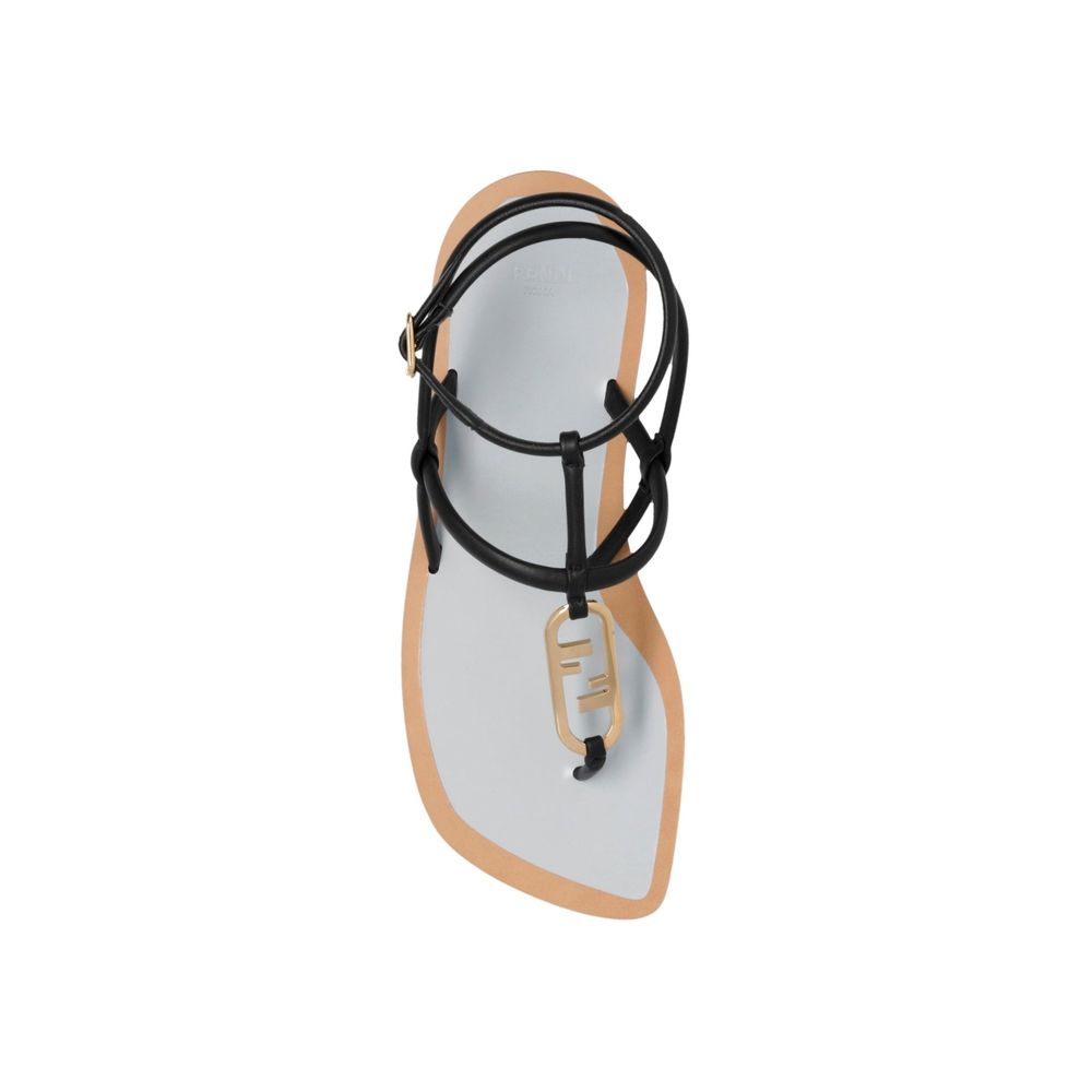 Fendi Black Leather Flat Sandals - Image 4