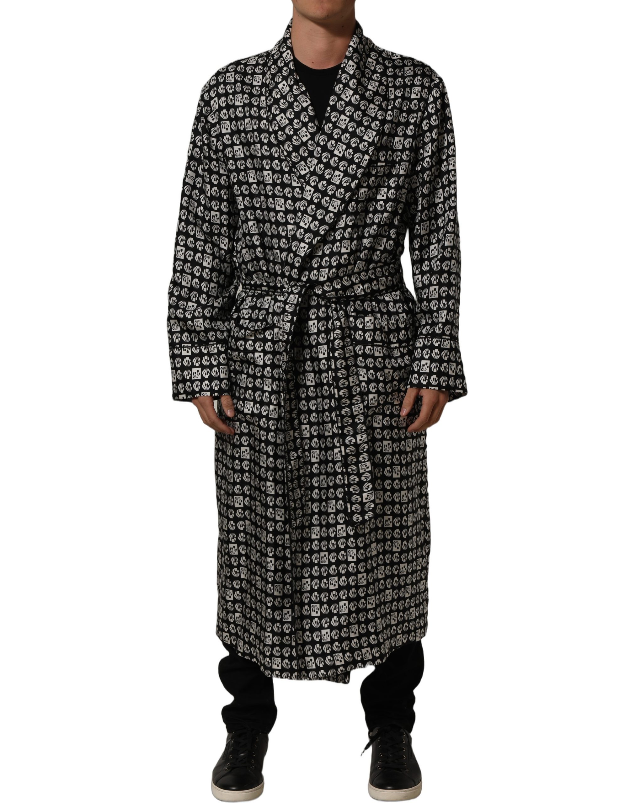 Dolce & Gabbana Black White Silk Men Wrap Robe Coat Jacket - Image 3