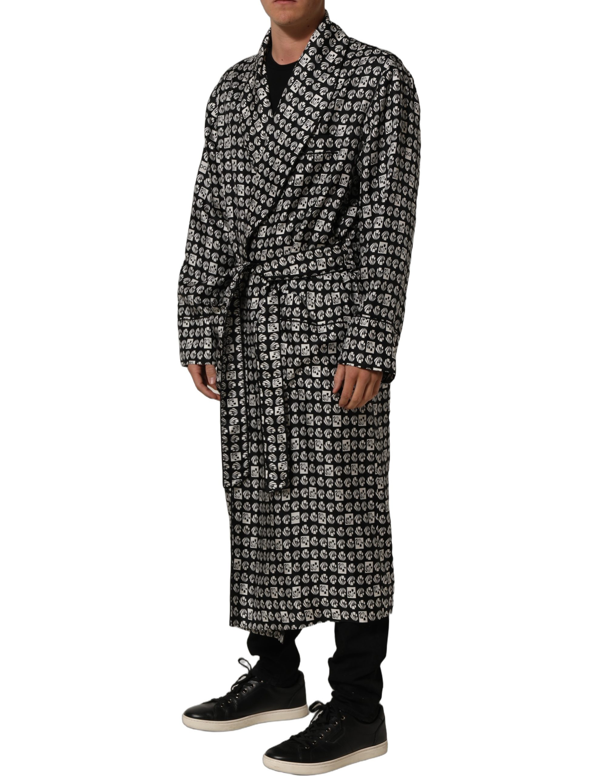 Dolce & Gabbana Black White Silk Men Wrap Robe Coat Jacket - Image 4