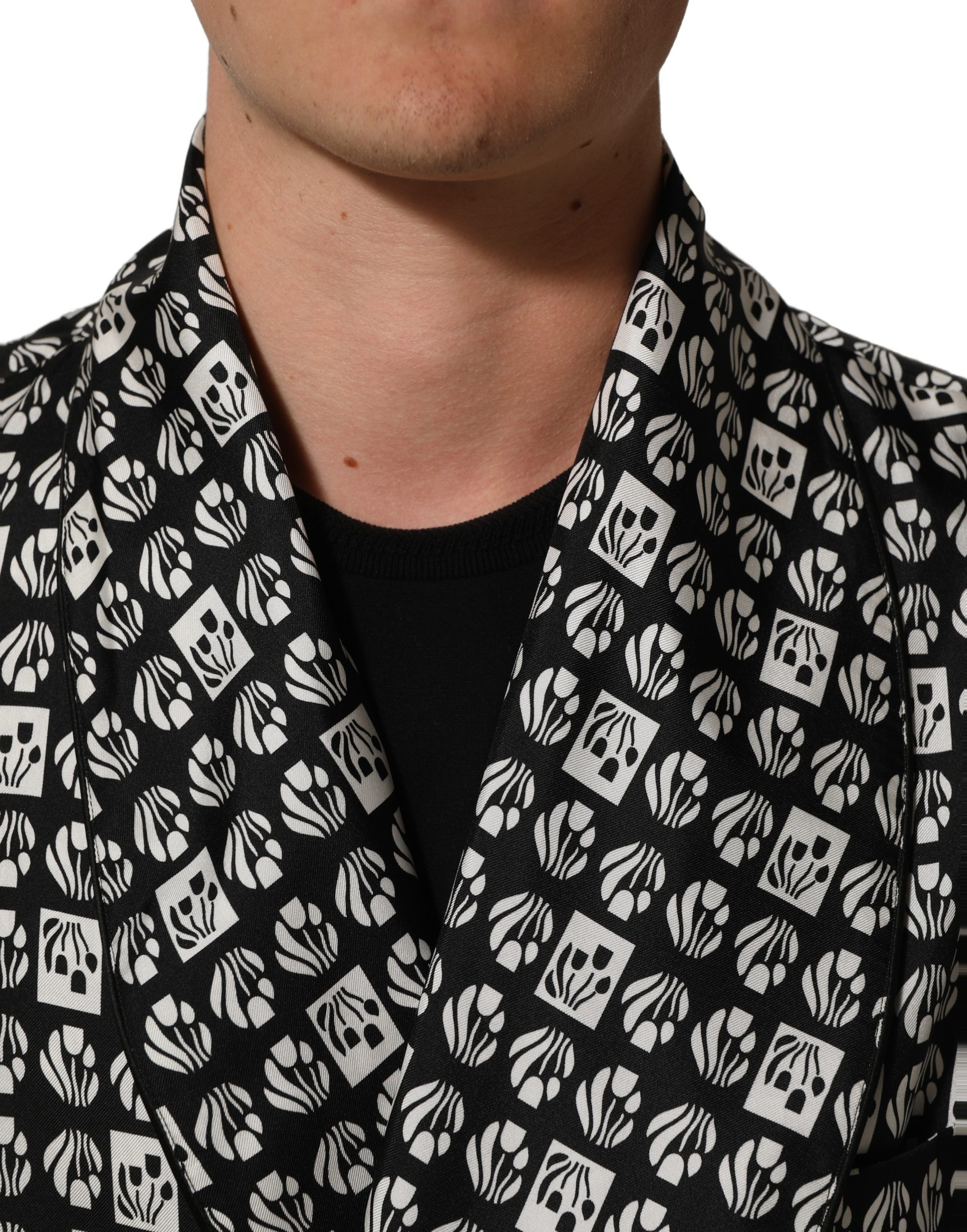 Dolce & Gabbana Black White Silk Men Wrap Robe Coat Jacket - Image 6