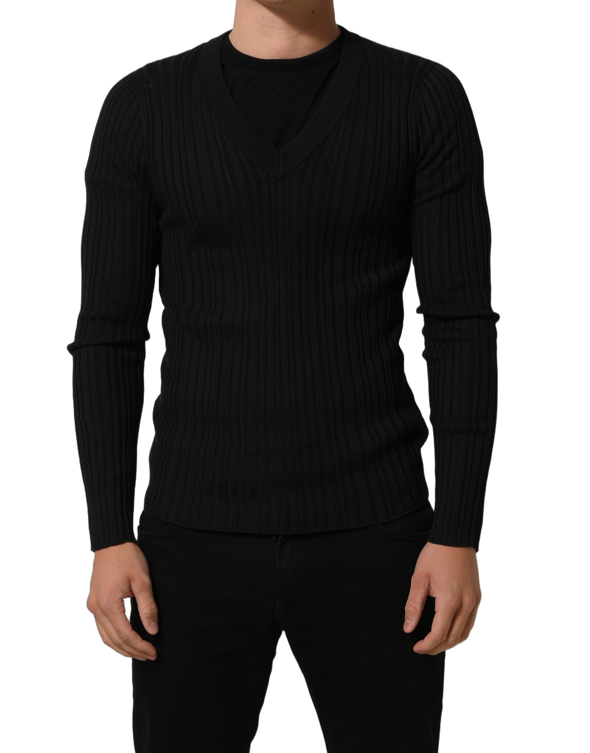 Dolce & Gabbana Black Silk Blend V-neck Pullover Men Sweater - Image 3