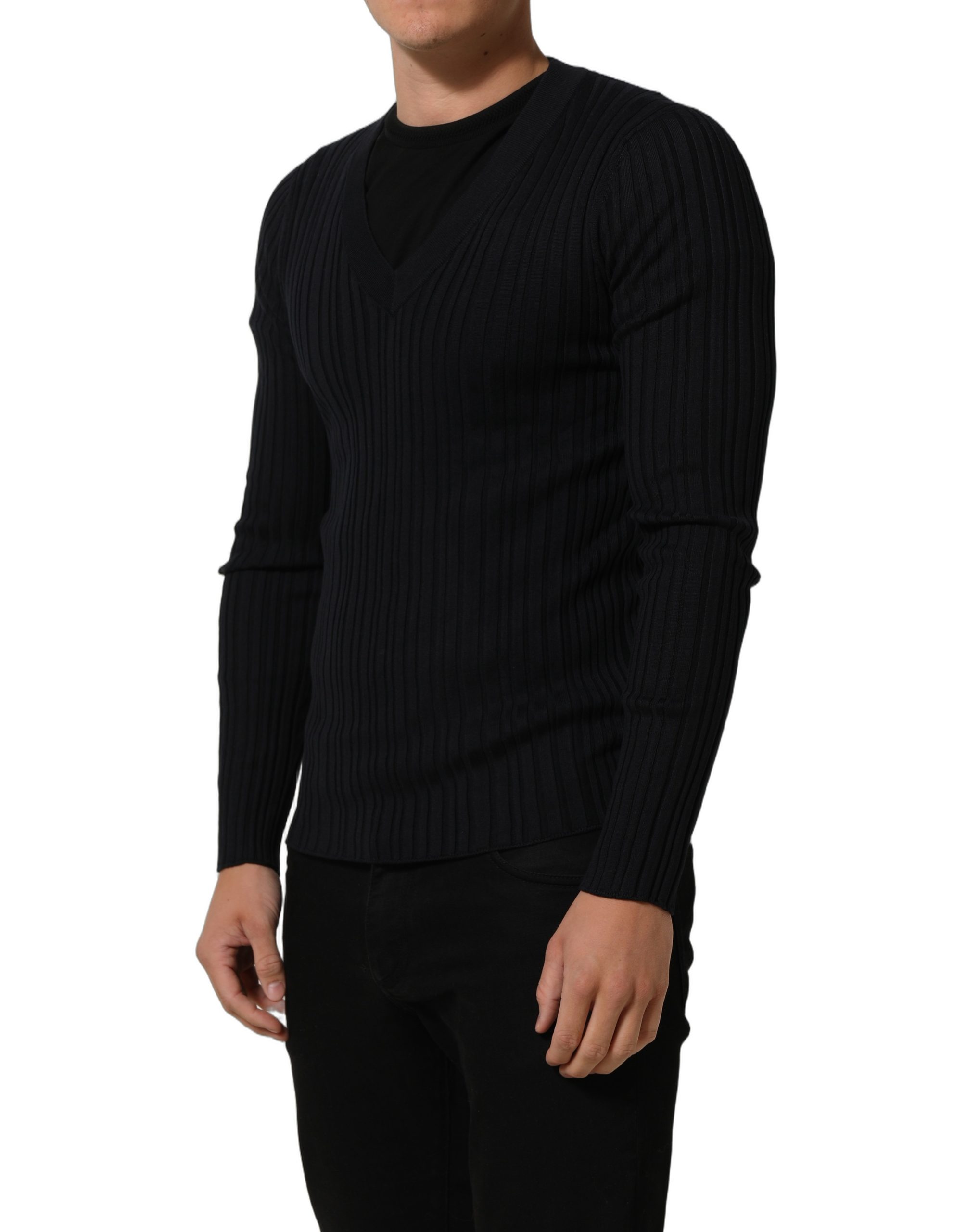 Dolce & Gabbana Black Silk Blend V-neck Pullover Men Sweater - Image 5