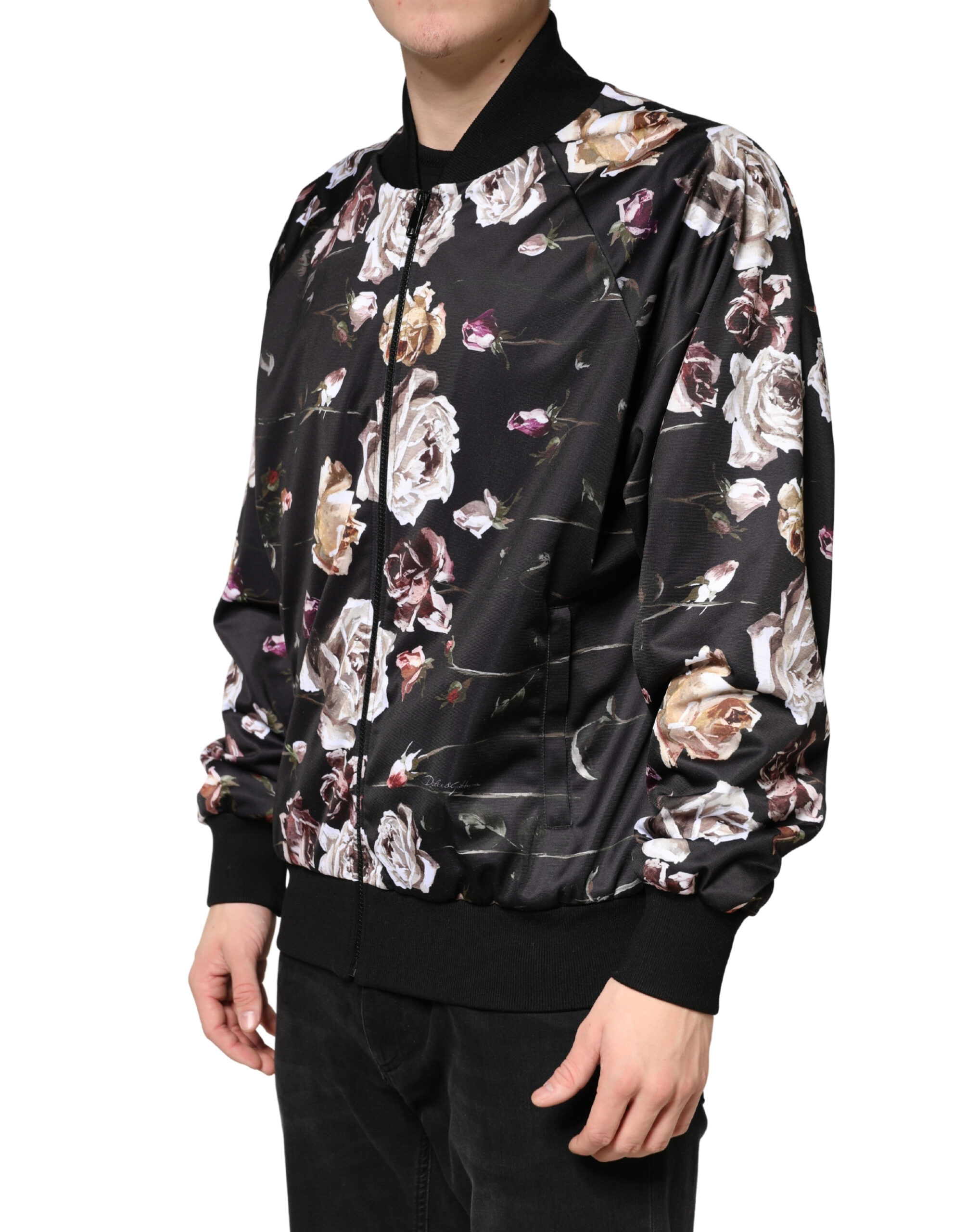 Dolce & Gabbana Black Floral Polyester Full Zip Bomber Jacket - Image 3