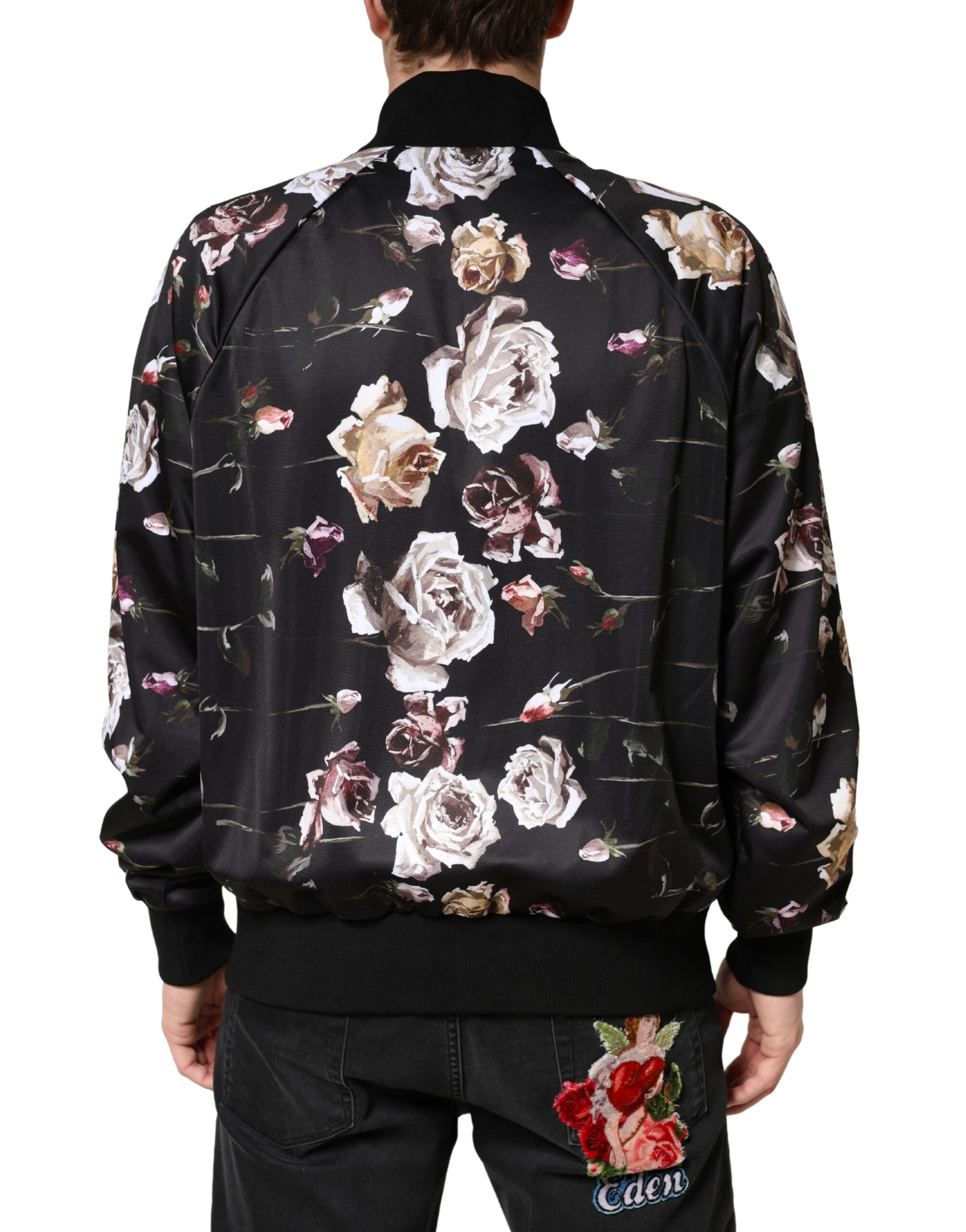 Dolce & Gabbana Black Floral Polyester Full Zip Bomber Jacket - Image 4