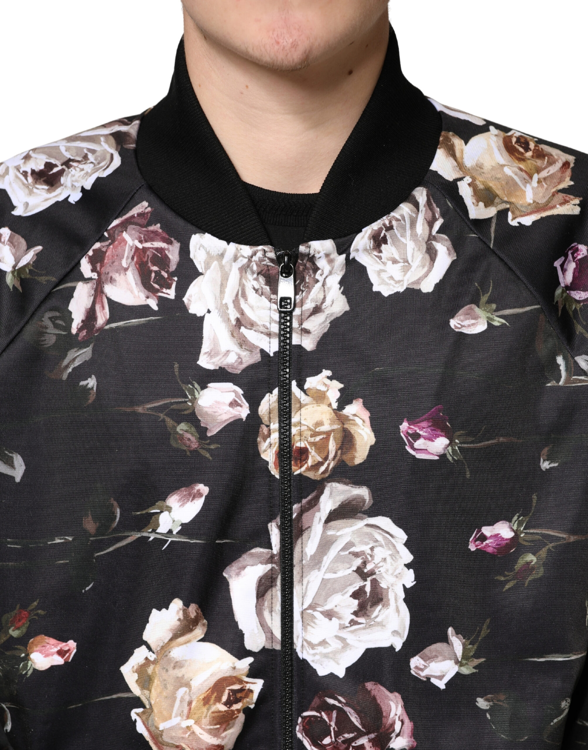 Dolce & Gabbana Black Floral Polyester Full Zip Bomber Jacket - Image 5