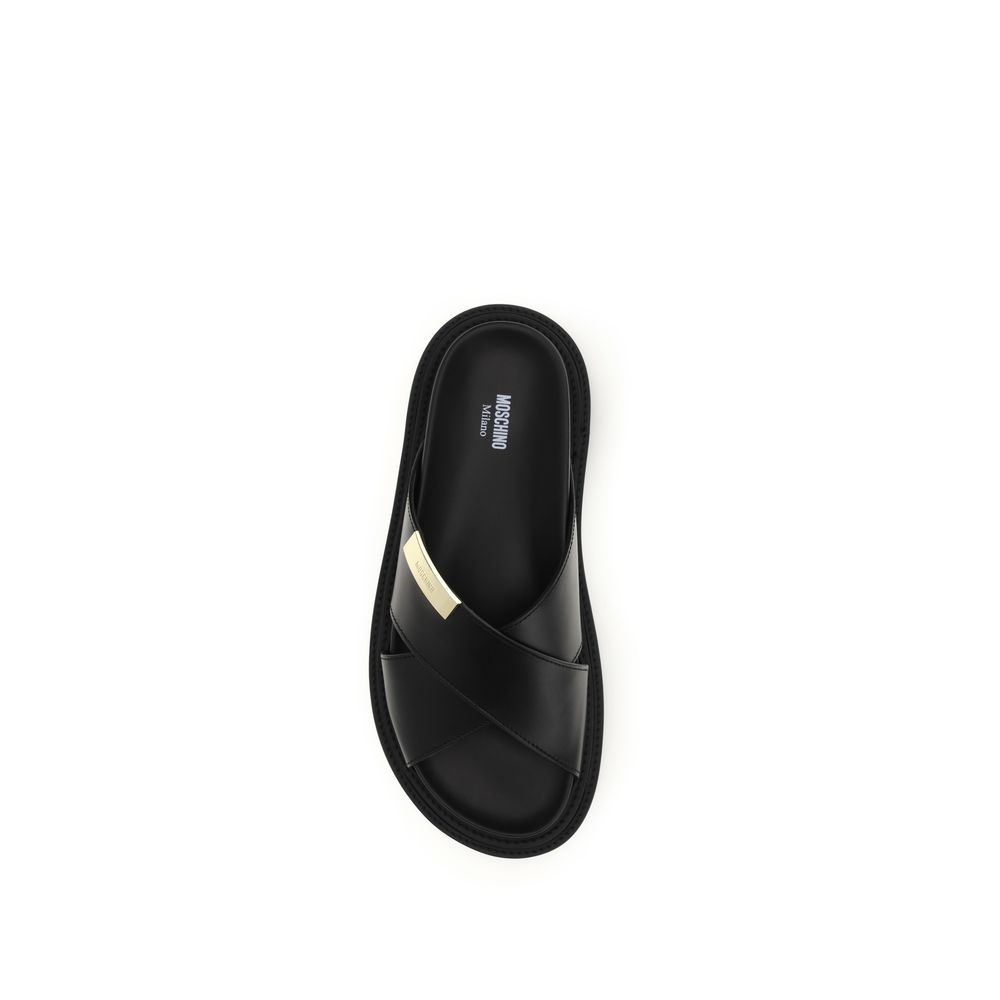 Moschino Black Calf Leather Bos Taurus Flat Sandals - Image 4