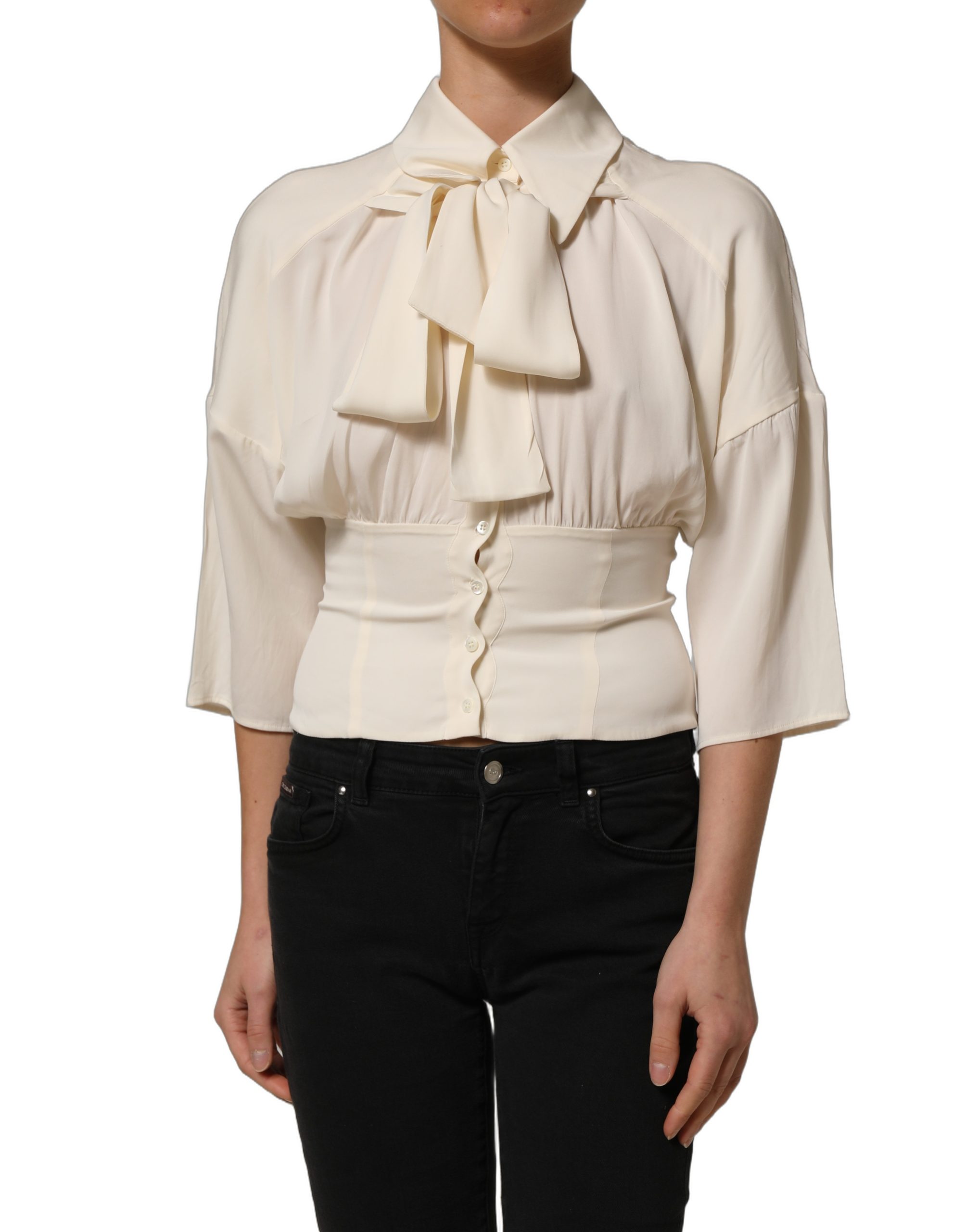 Dolce & Gabbana Off White Ascot Collar Long Sleeves Blouse Top - Image 4