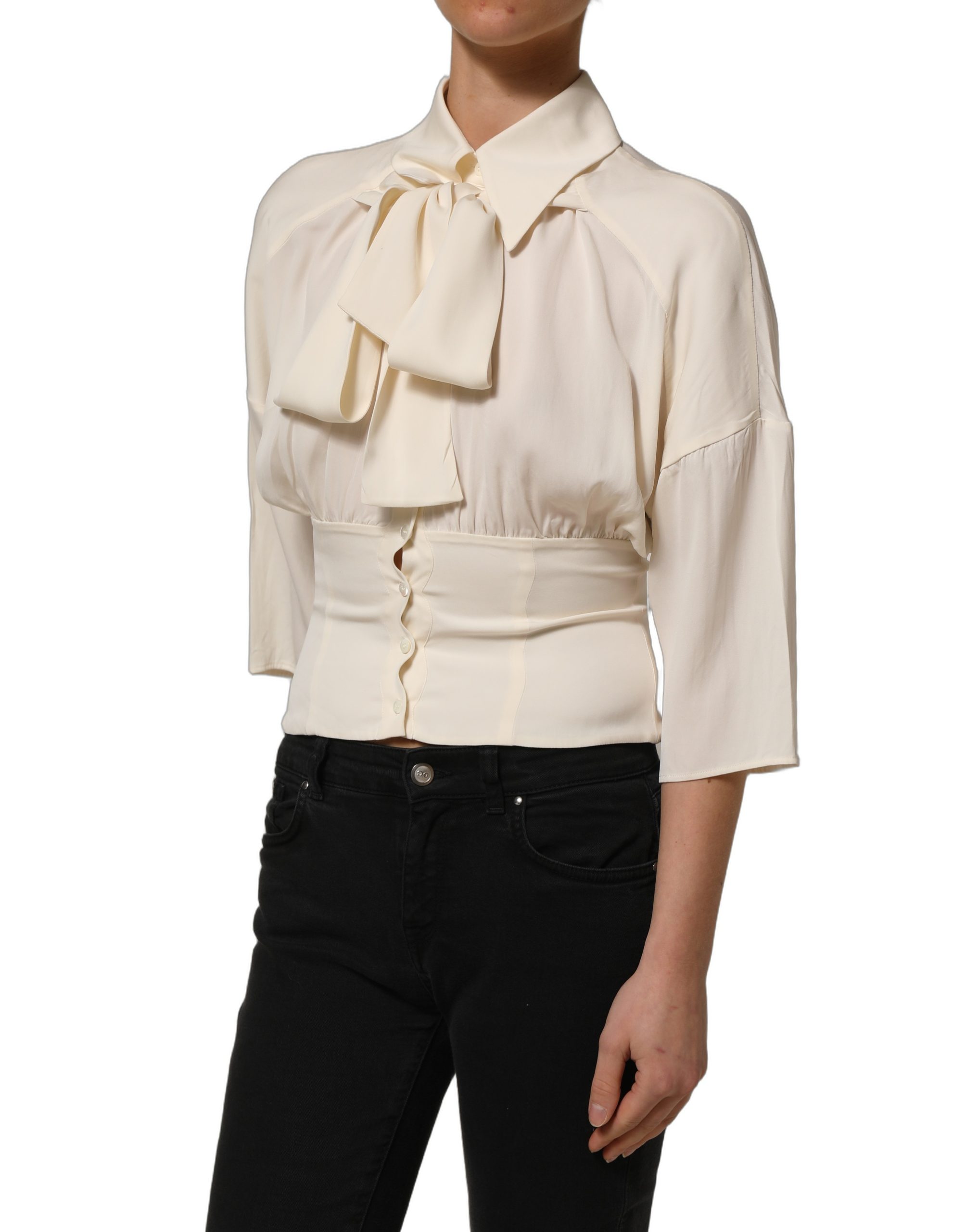 Dolce & Gabbana Off White Ascot Collar Long Sleeves Blouse Top - Image 5