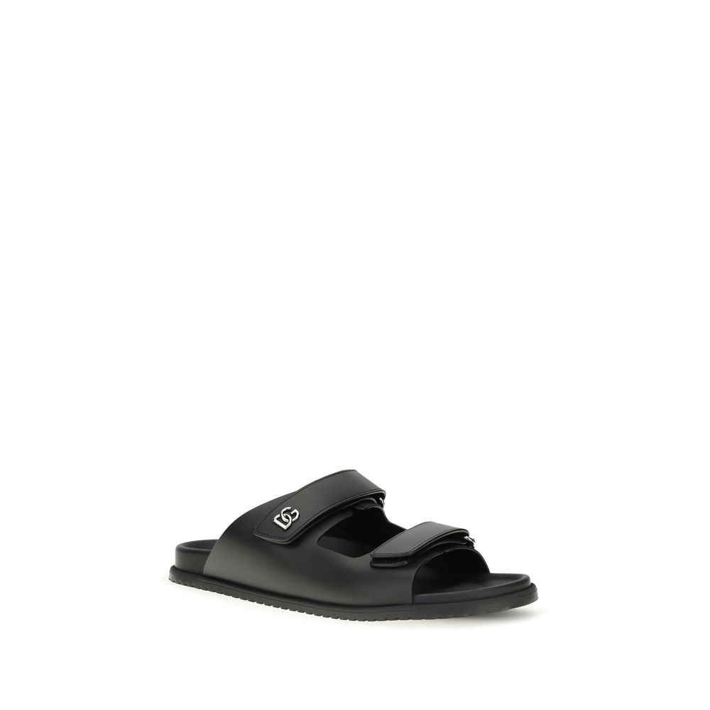 Dolce & Gabbana Black Calf Leather Bos Taurus Flat Sandals - Image 2