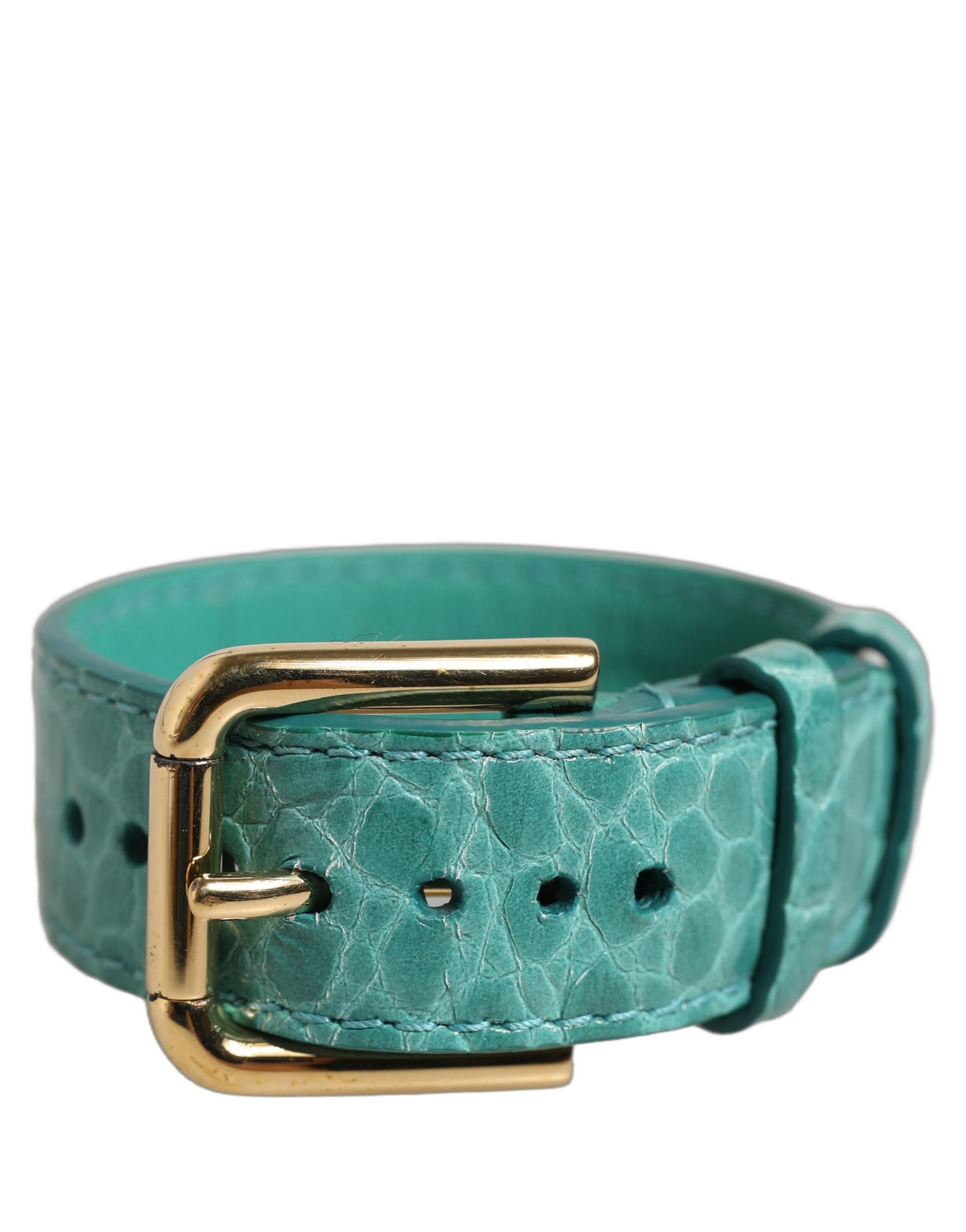 Dolce & Gabbana Blue Embossed Leather Gold Buckle Belt Strap Bracelet - Image 7