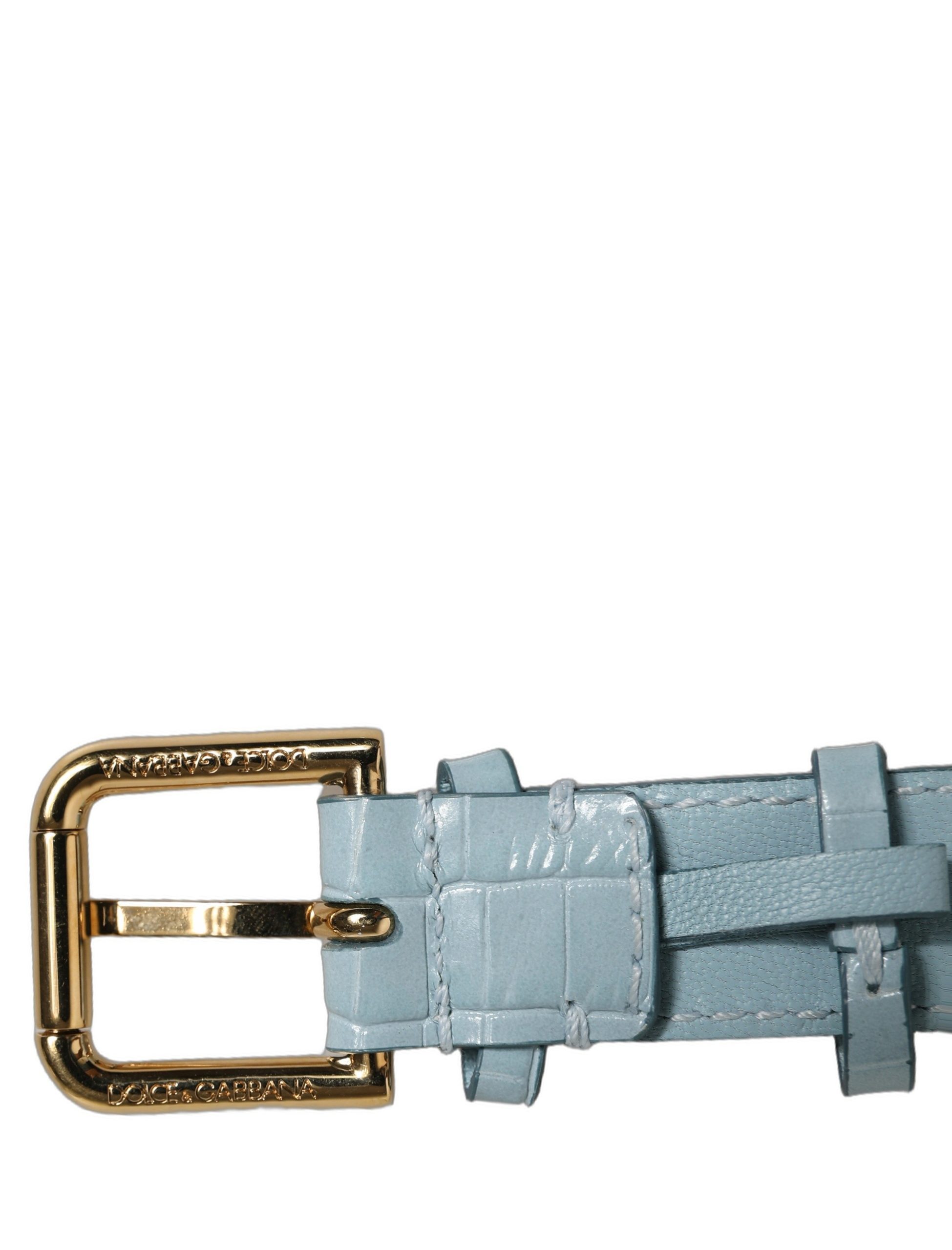 Dolce & Gabbana Blue Embossed Leather Gold Buckle Belt Strap Bracelet - Image 6