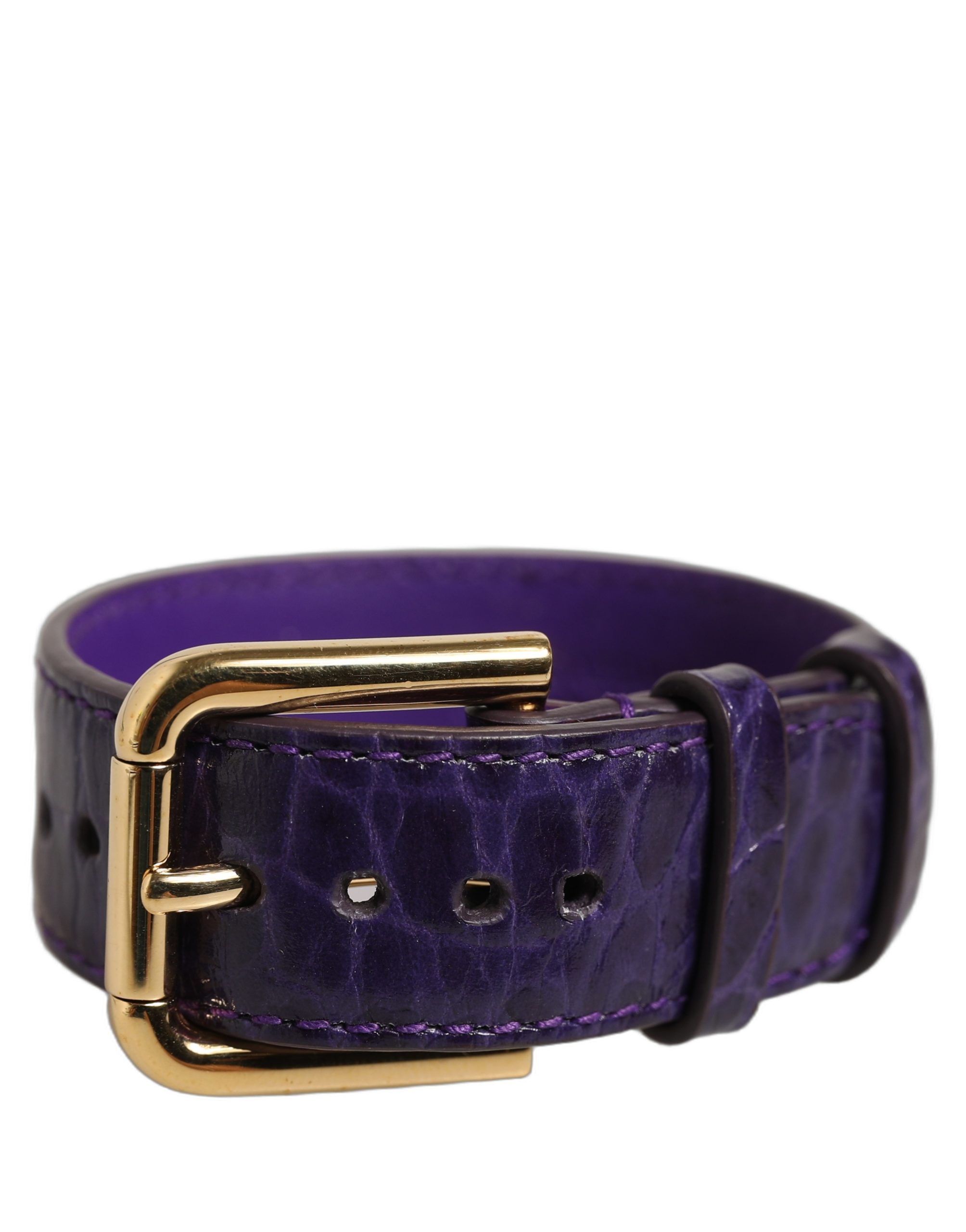 Dolce & Gabbana Violet Embossed Leather Gold Buckle Belt Strap Bracelet - Image 2