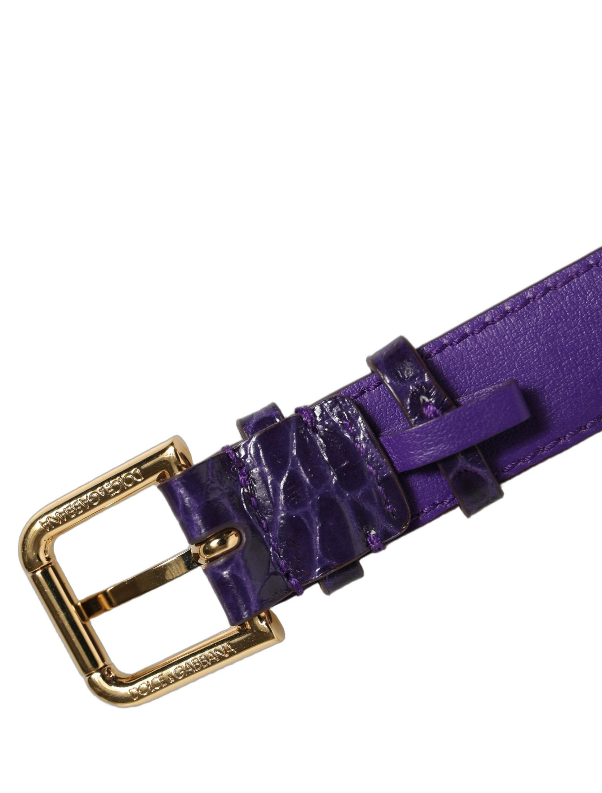 Dolce & Gabbana Violet Embossed Leather Gold Buckle Belt Strap Bracelet - Image 6