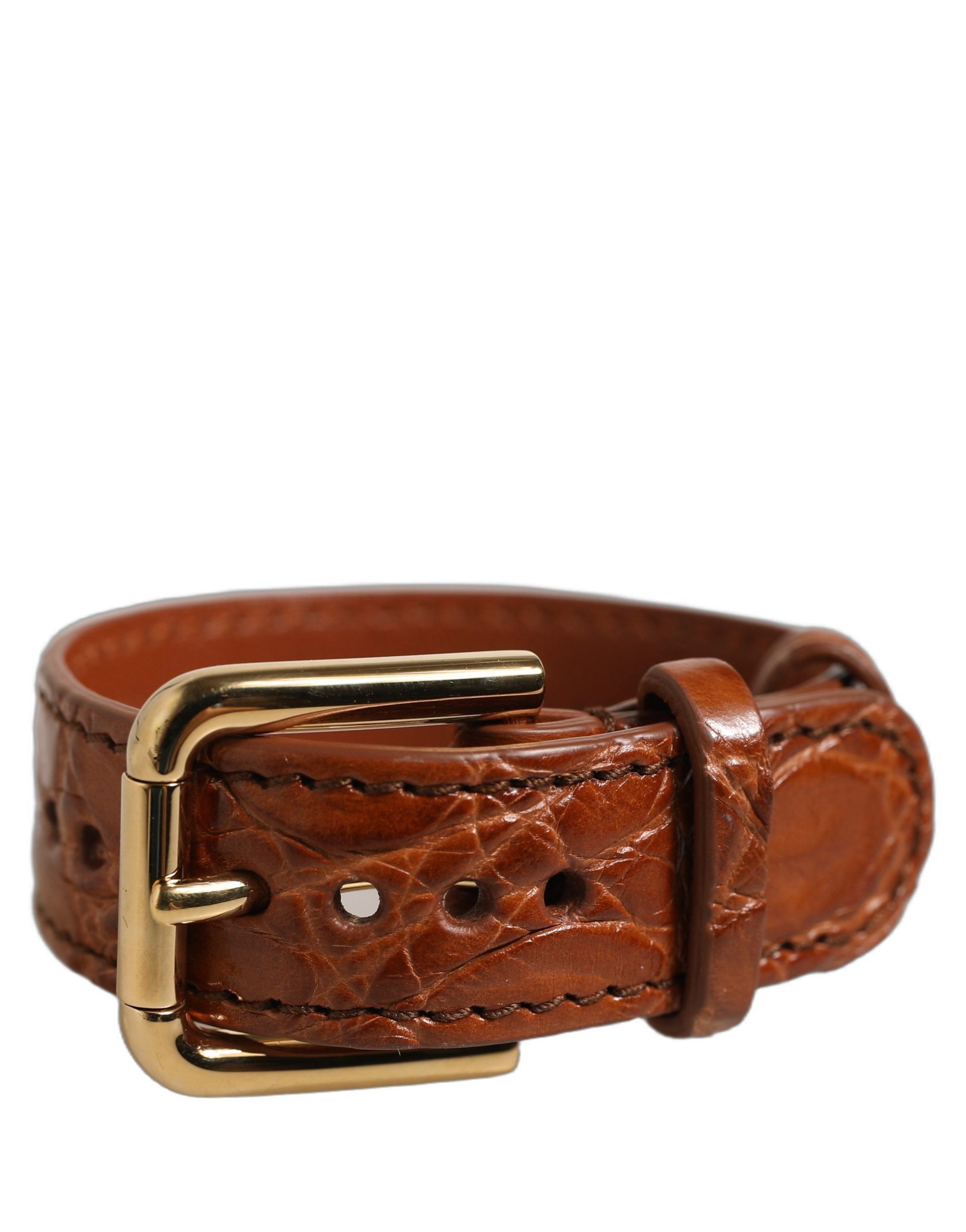 Dolce & Gabbana Brown Textured Leather Gold Buckle Belt Strap Bracelet - Image 7