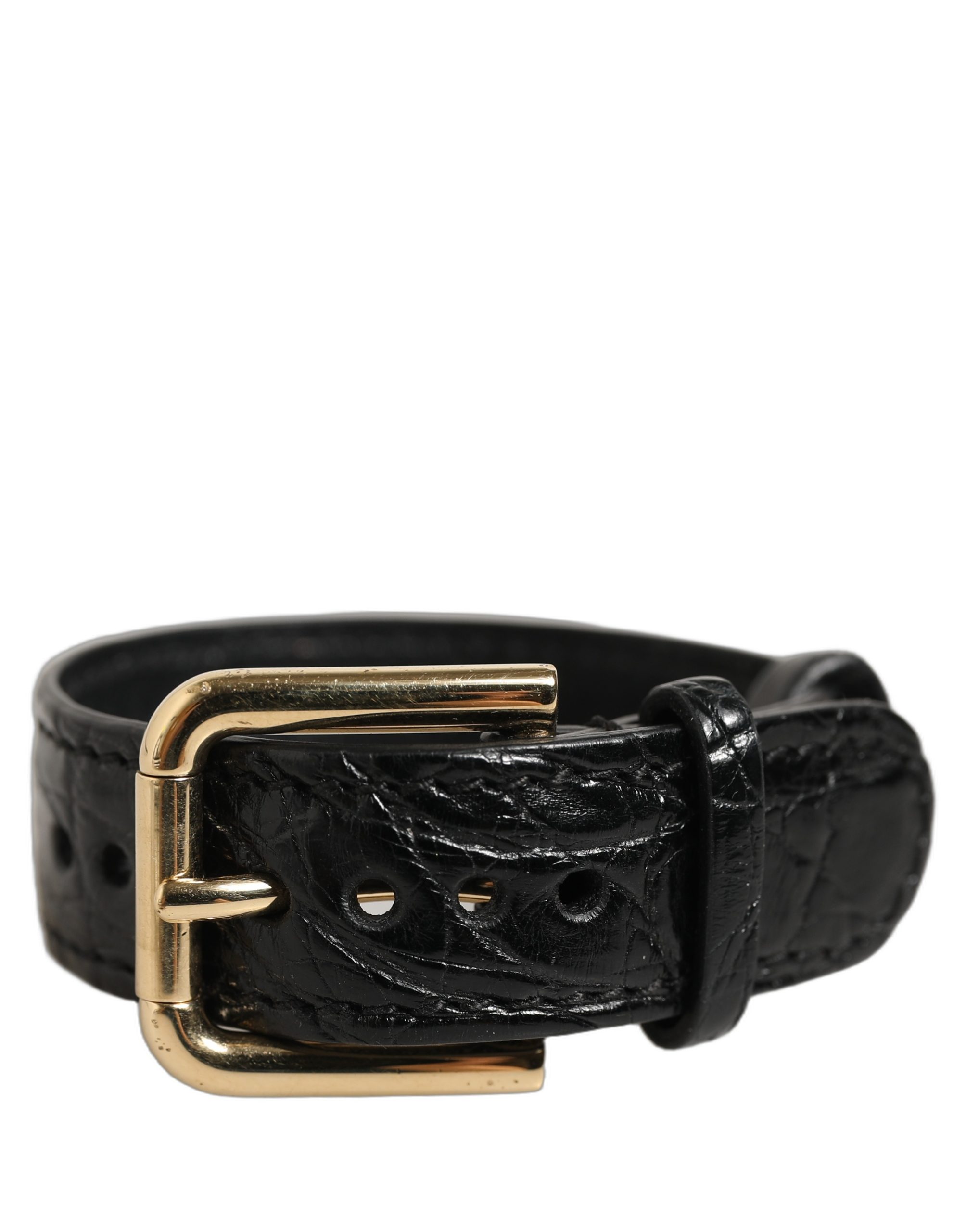 Dolce & Gabbana Black Textured Leather Gold Buckle Belt Strap Bracelet - Image 5