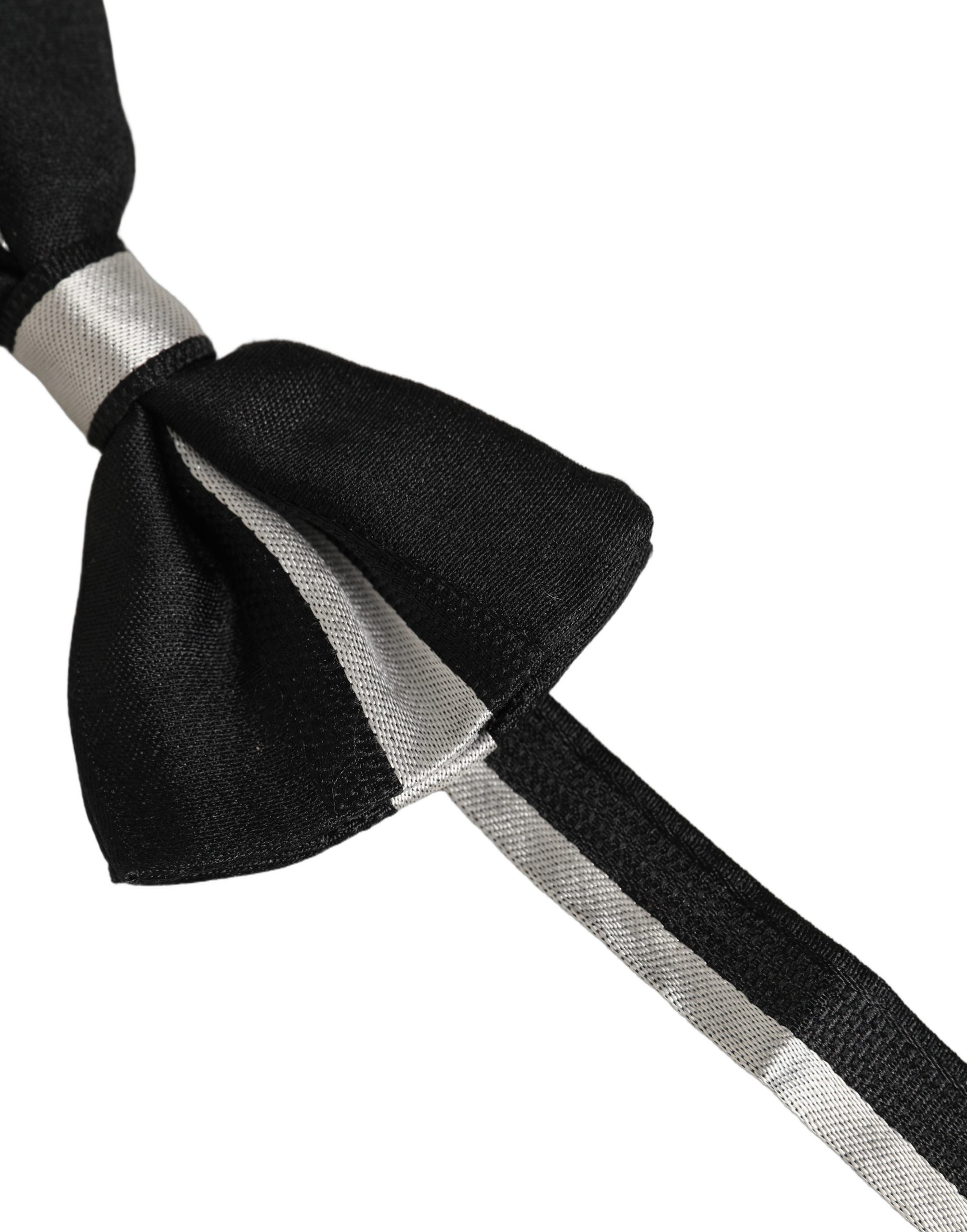 Dolce & Gabbana Black Silver 100% Silk Adjustable Neck Papillon Bow Tie - Image 3