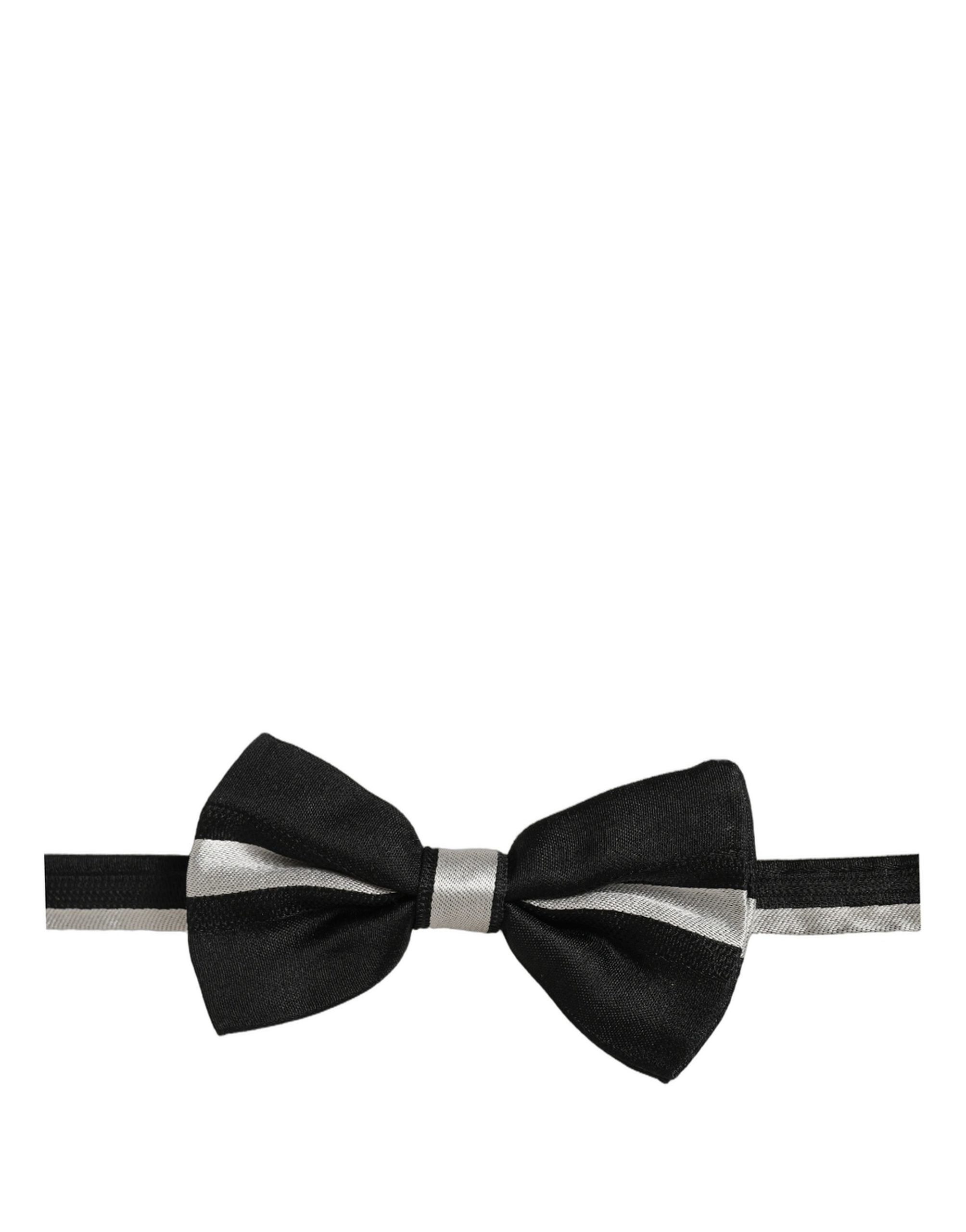 Dolce & Gabbana Black Silver 100% Silk Adjustable Neck Papillon Bow Tie - Image 4