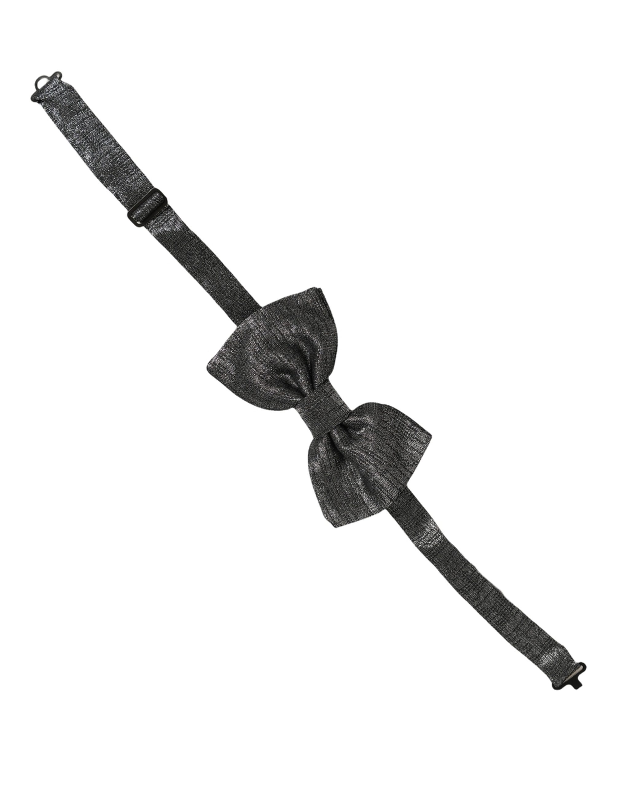 Dolce & Gabbana Men Metallic Dark Gray Silk Adjustable Neck Papillon Bow Tie - Image 3