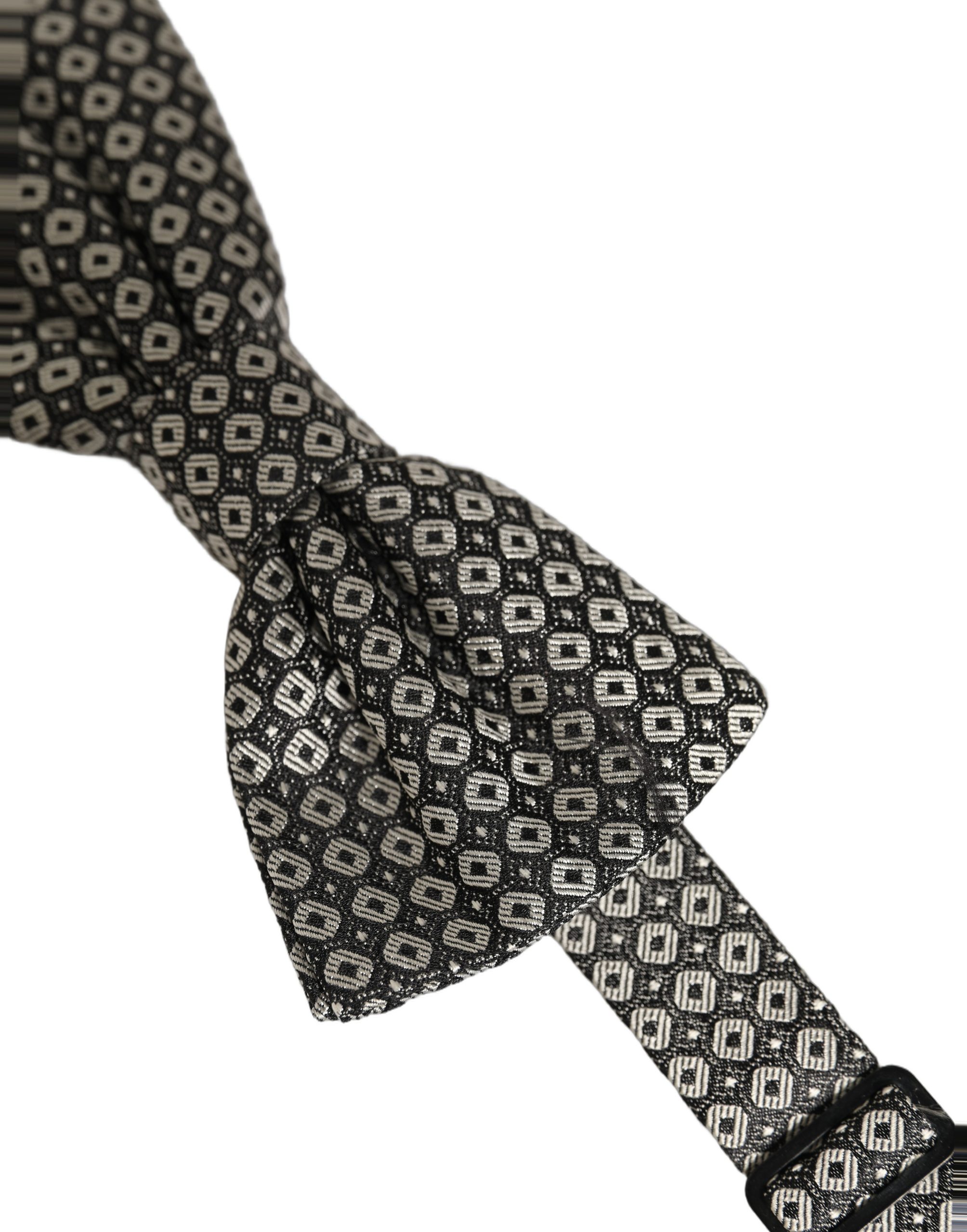 Dolce & Gabbana Men Gray Silk Patterned Adjustable Neck Papillon Bow Tie - Image 3