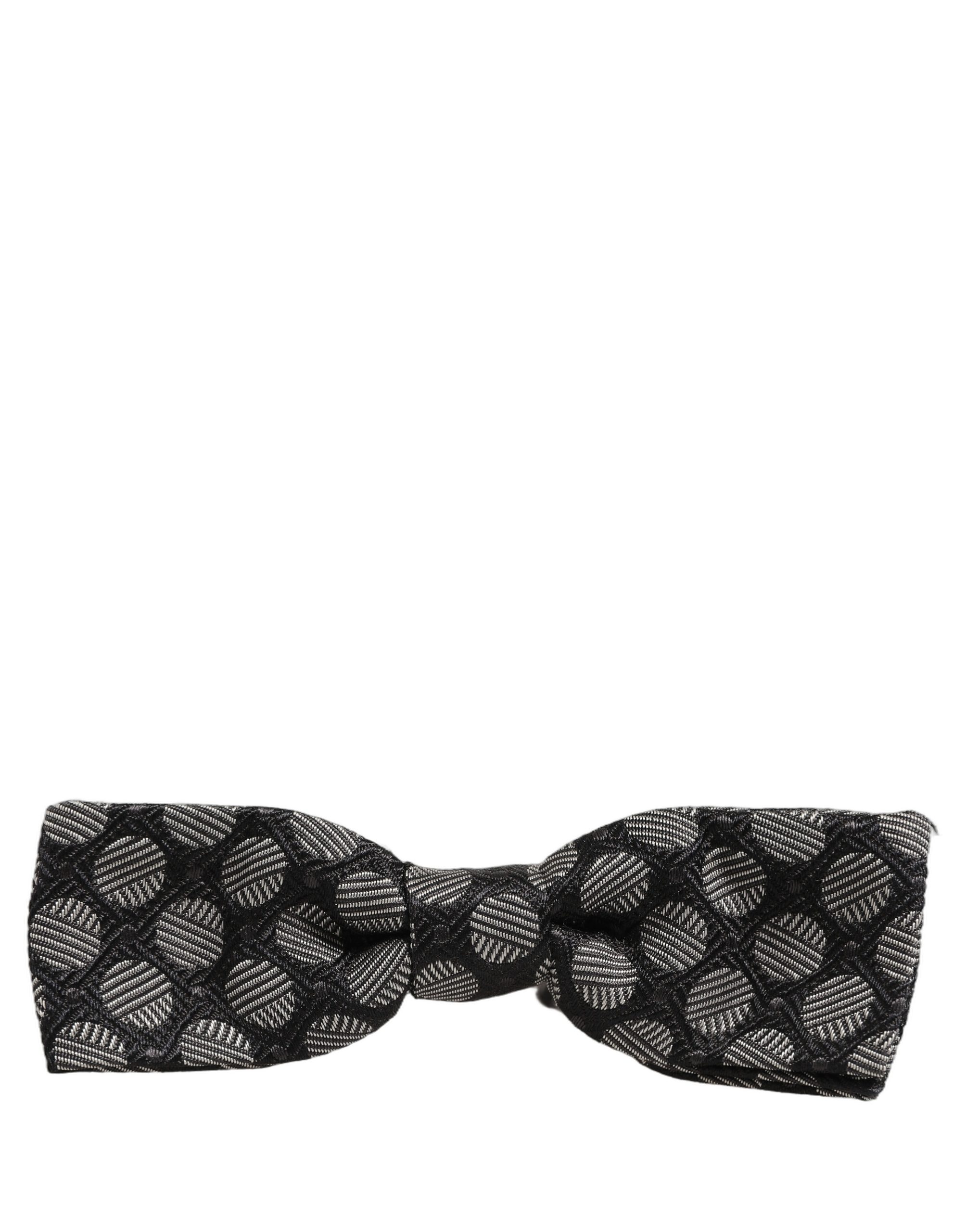 Dolce & Gabbana Dark Gray White Geometric Silk Adjustable Neck Papillon Bow Tie