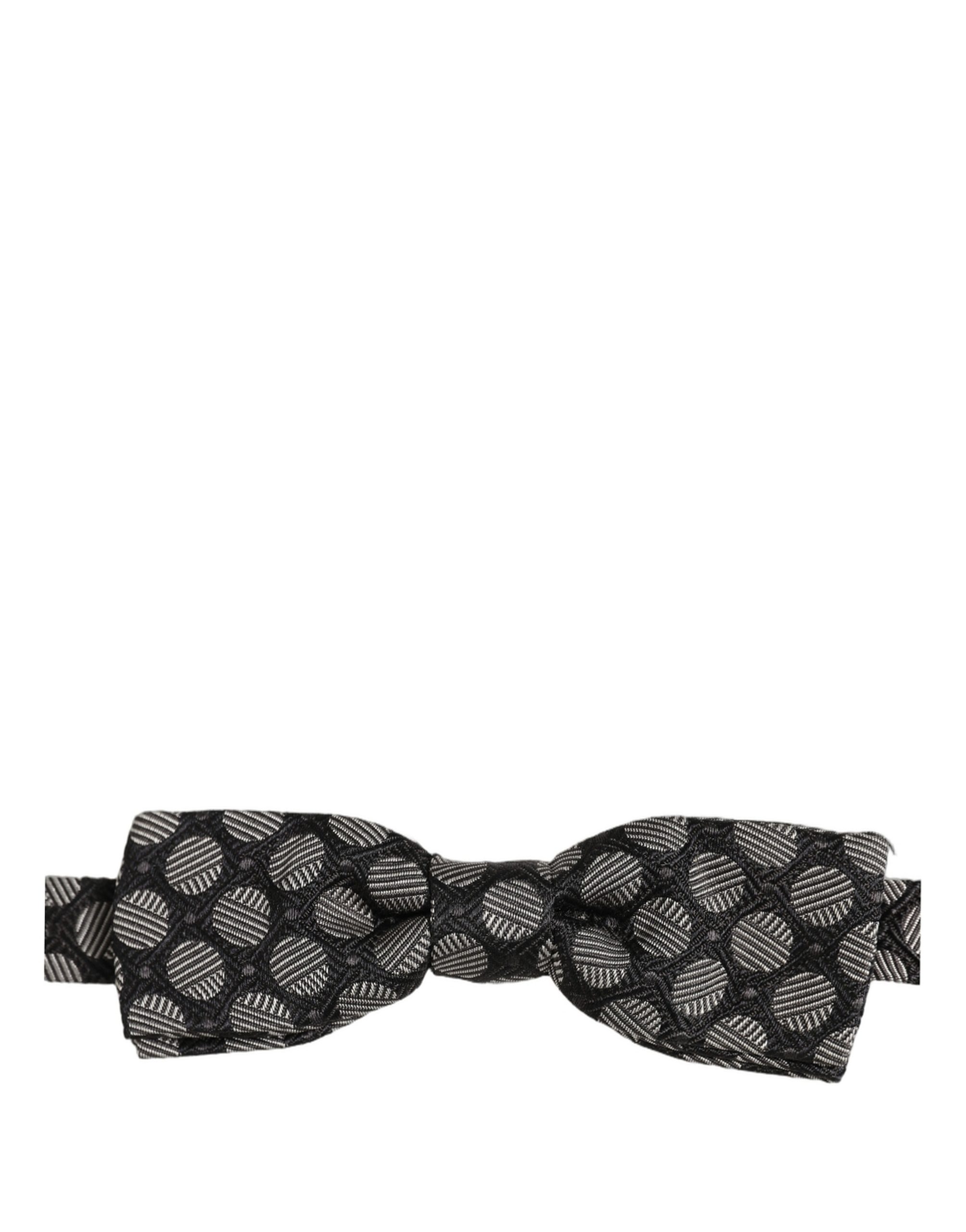 Dolce & Gabbana Dark Gray White Geometric Silk Adjustable Neck Papillon Bow Tie - Image 4