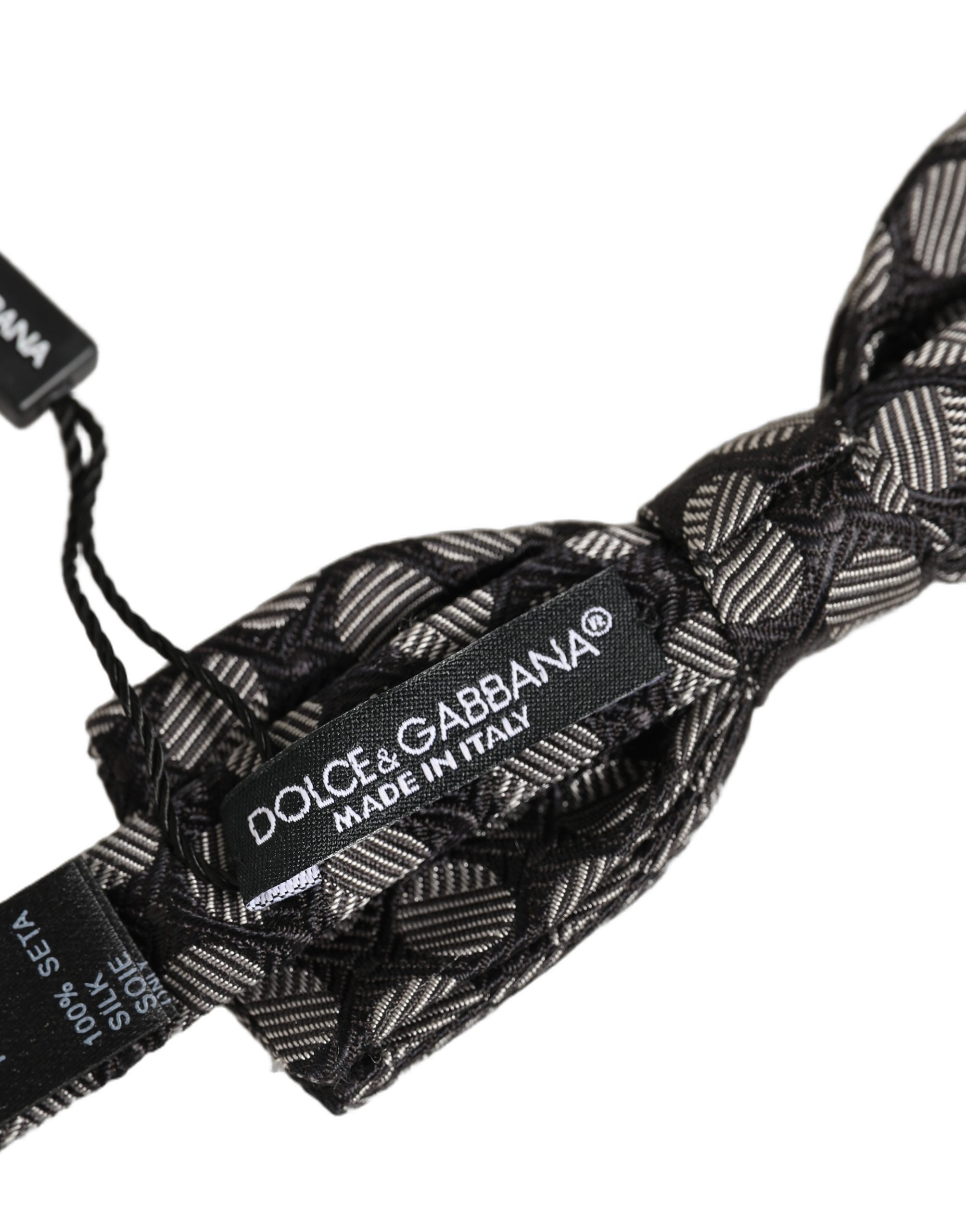 Dolce & Gabbana Dark Gray White Geometric Silk Adjustable Neck Papillon Bow Tie - Image 5